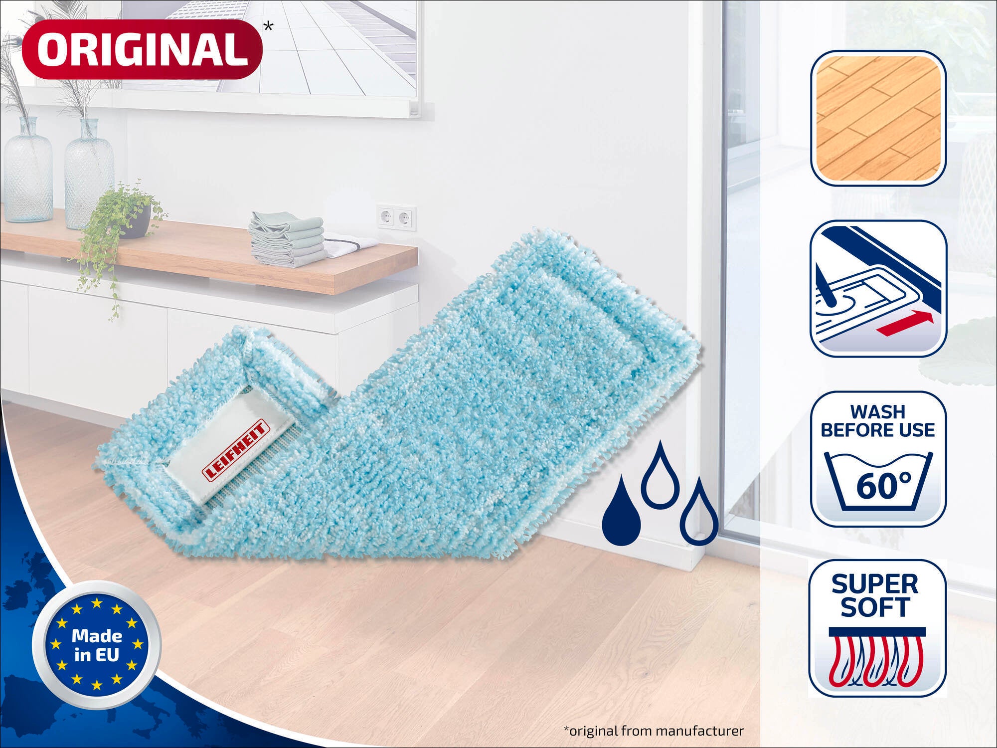 Weiches, blaues Reinigungstuch von Leifheit auf einem Holzboden. Das Tuch ist waschbar bei 60 Grad und besonders sanft. Hergestellt in der EU, ideal für empfindliche Oberflächen.