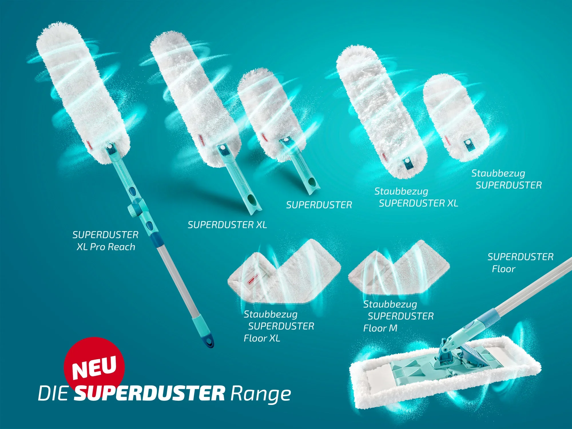 Die Abbildung zeigt die neue Leifheit Superduster-Produktreihe. Zu sehen sind verschiedene Staubwedelmodelle, darunter der Superduster XL Pro Reach, XL und Floor, sowie passende Staubbezüge.