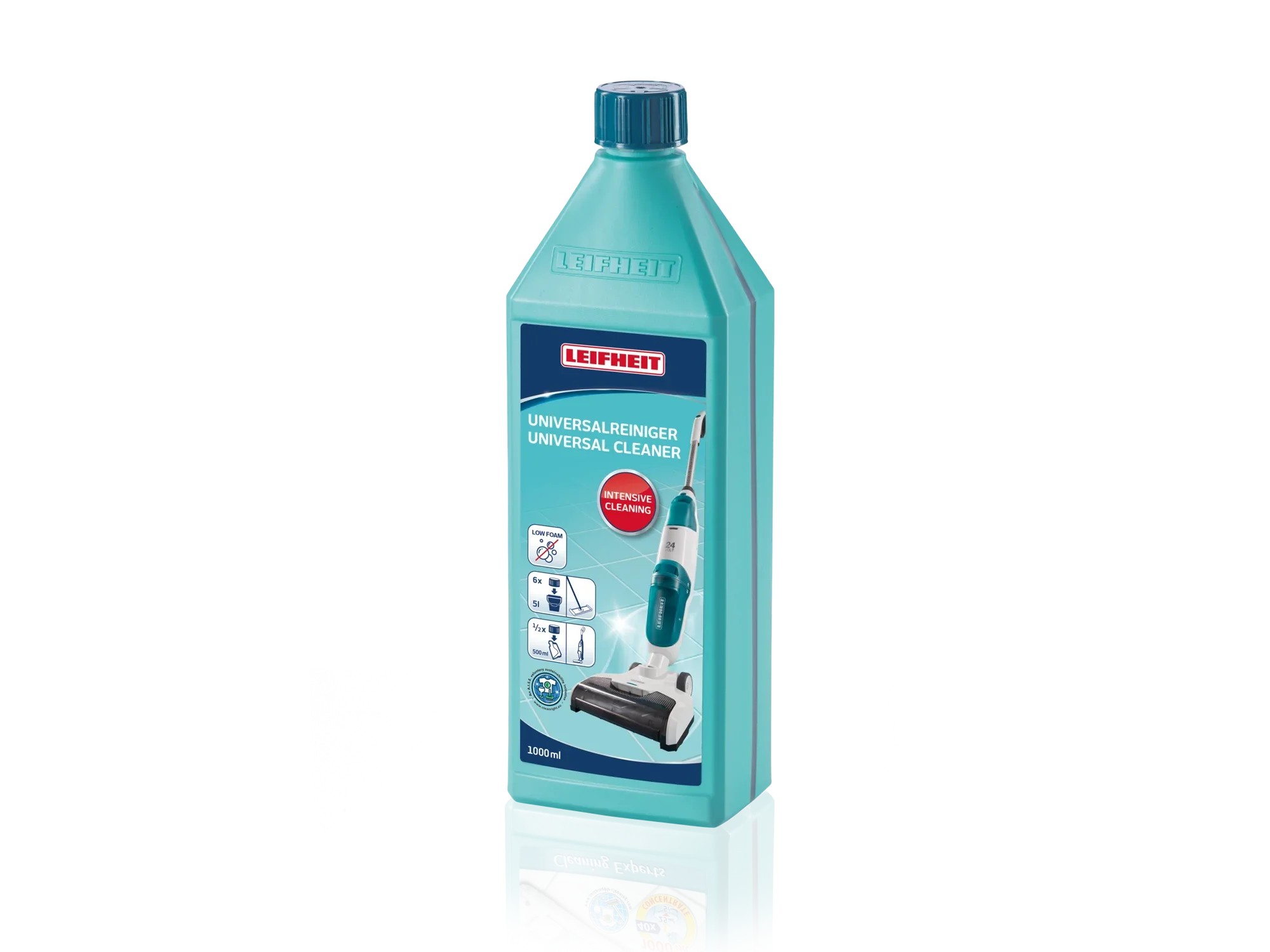 Eine türkisfarbene Flasche mit 1000 ml Universalreiniger von Leifheit. Das Etikett zeigt einen Staubsauger und weist auf die vielseitige Reinigungsanwendung hin. Ideal für den Online-Shop.