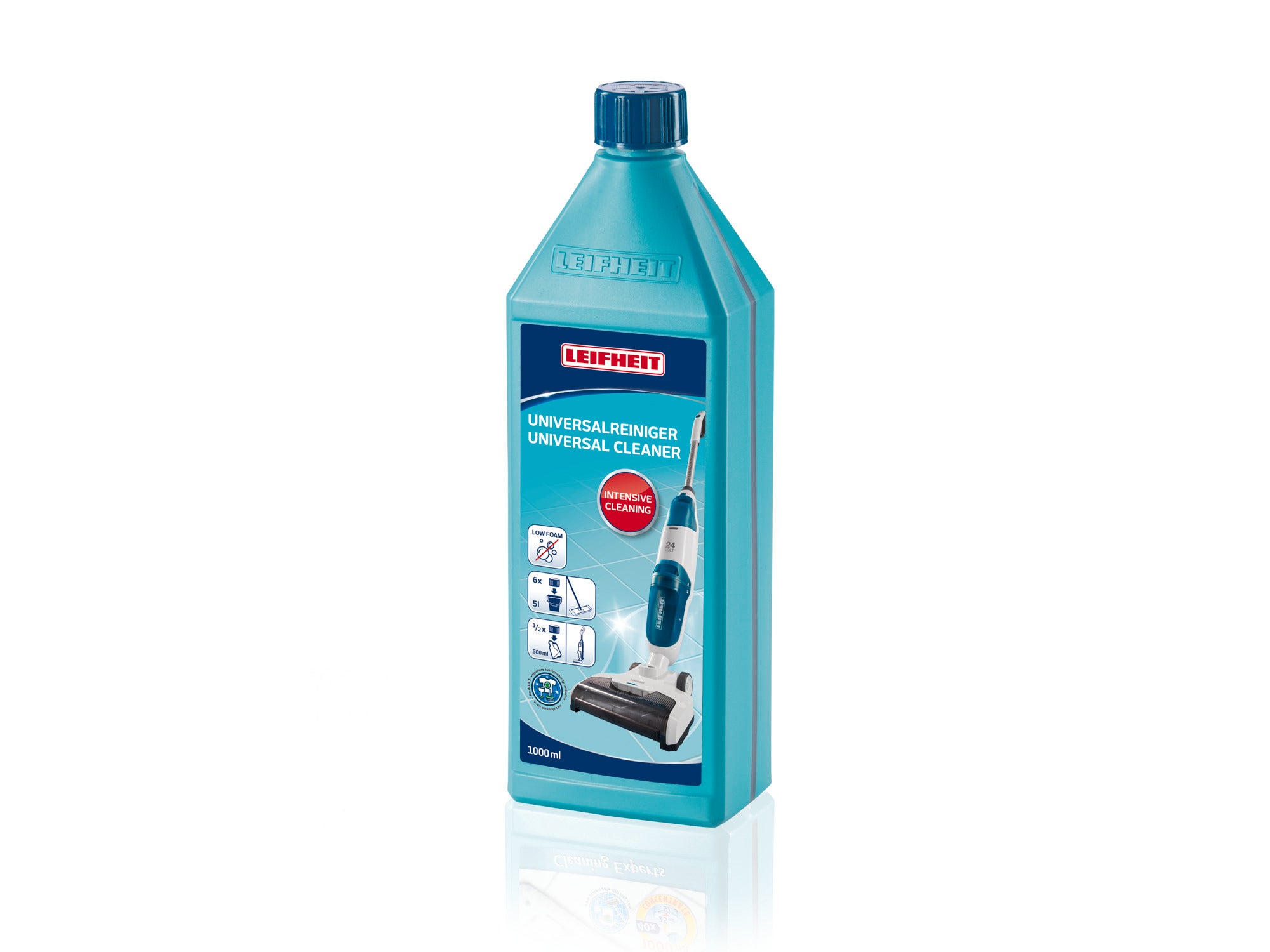 Een turquoise fles met 1000 ml universele reiniger van Leifheit. Het etiket toont een stofzuiger en verwijst naar de veelzijdige reinigingstoepassing. Ideaal voor de online shop.