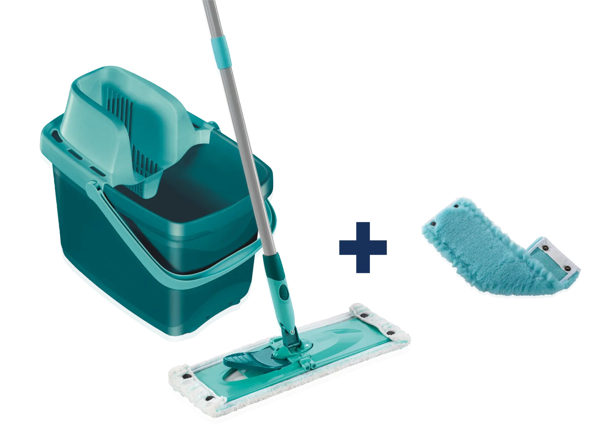 Ein Set bestehend aus einem Eimer mit Auswringmechanismus und einem Wischmopp mit Bezug. Ideal für die gründliche Reinigung von Böden. Enthält einen zusätzlichen Wischbezug.