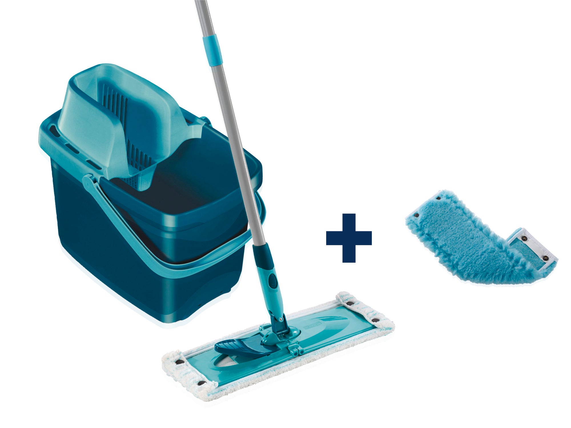 Ein Set bestehend aus einem Eimer mit Auswringmechanismus und einem Wischmopp mit Bezug. Ideal für die gründliche Reinigung von Böden. Enthält einen zusätzlichen Wischbezug.