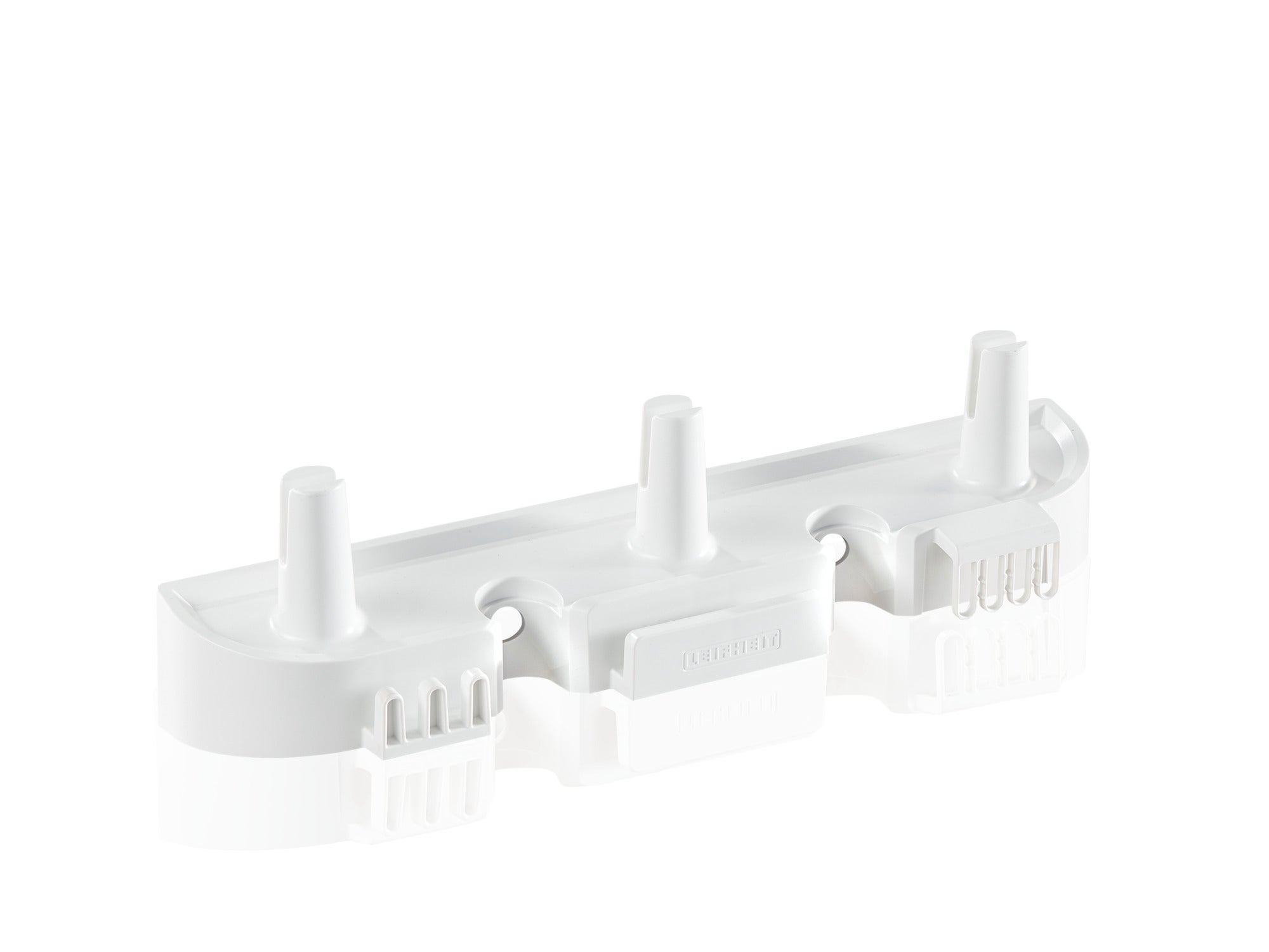 A white Click System wall-mounted storage centre, ideal for storing cleaning utensils. It has several holders for brooms and other equipment.