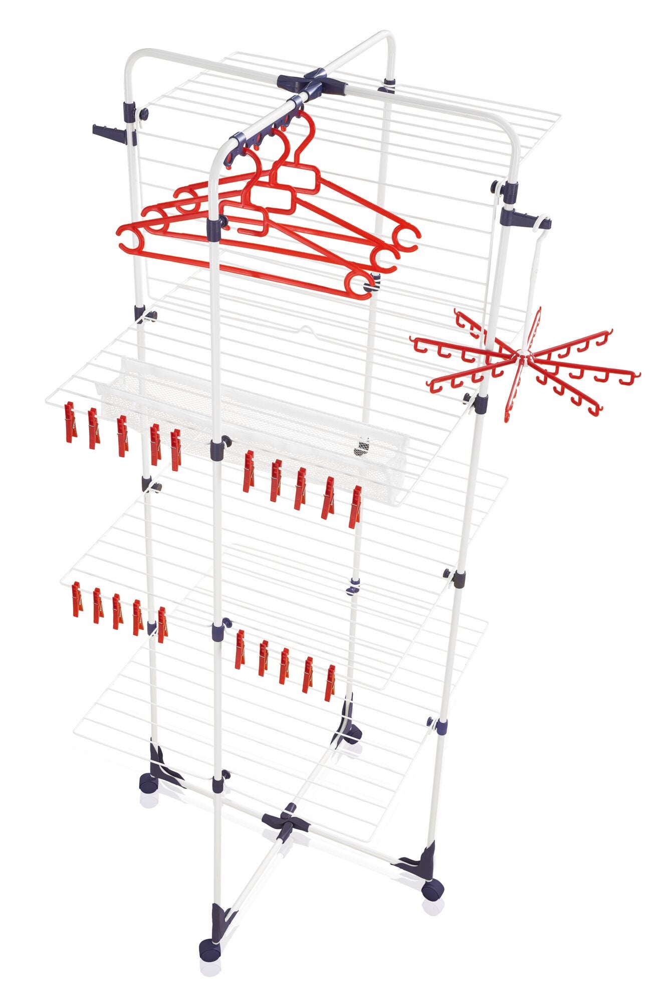 Séchoir tour Classic Tower 450 Deluxe avec plusieurs niveaux pour sécher les vêtements. Comprend des cintres rouges et un support pour chaussettes. Design compact et pratique.