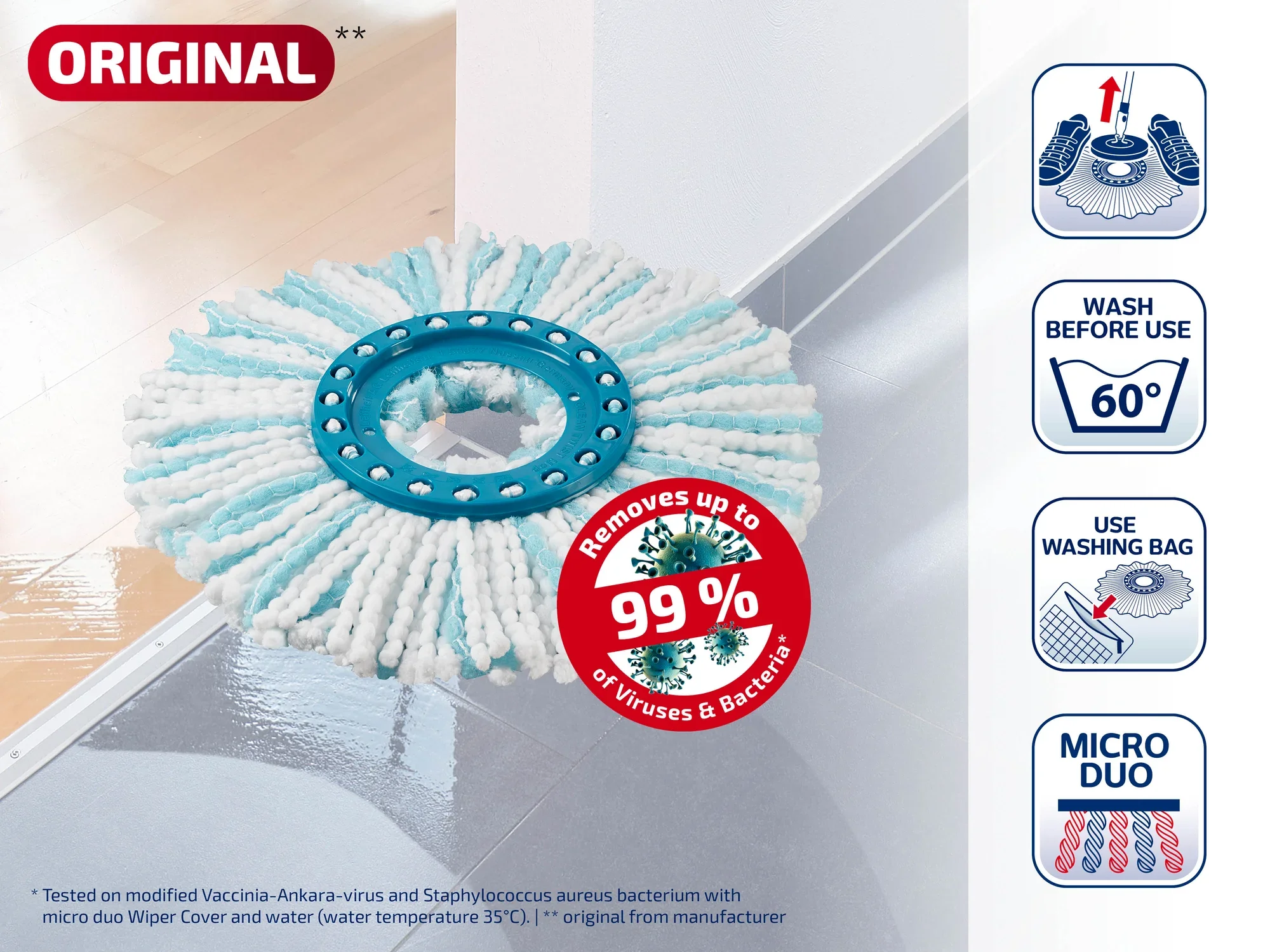 Descripción de la imagen: Cabezal de repuesto para la mopa Micro Duo, elimina hasta el 99 % de los virus y bacterias. Lavable a 60 grados, utilizar con bolsa de lavado. Ideal para una limpieza a fondo.
