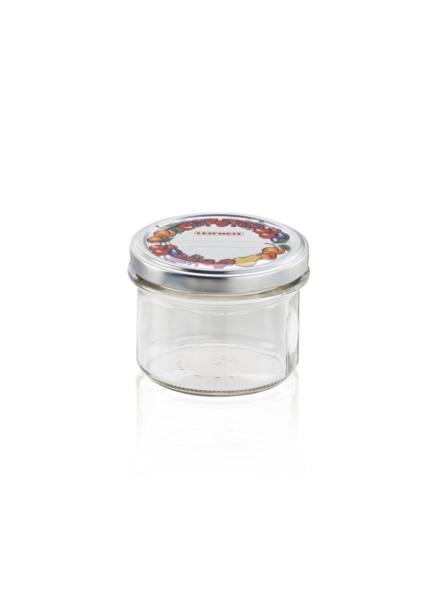 Ein transparentes Sturzglas mit einem Fassungsvermögen von 235 ml. Der Deckel ist mit einem bunten Muster verziert. Ideal zur Aufbewahrung von Marmeladen oder Gewürzen.