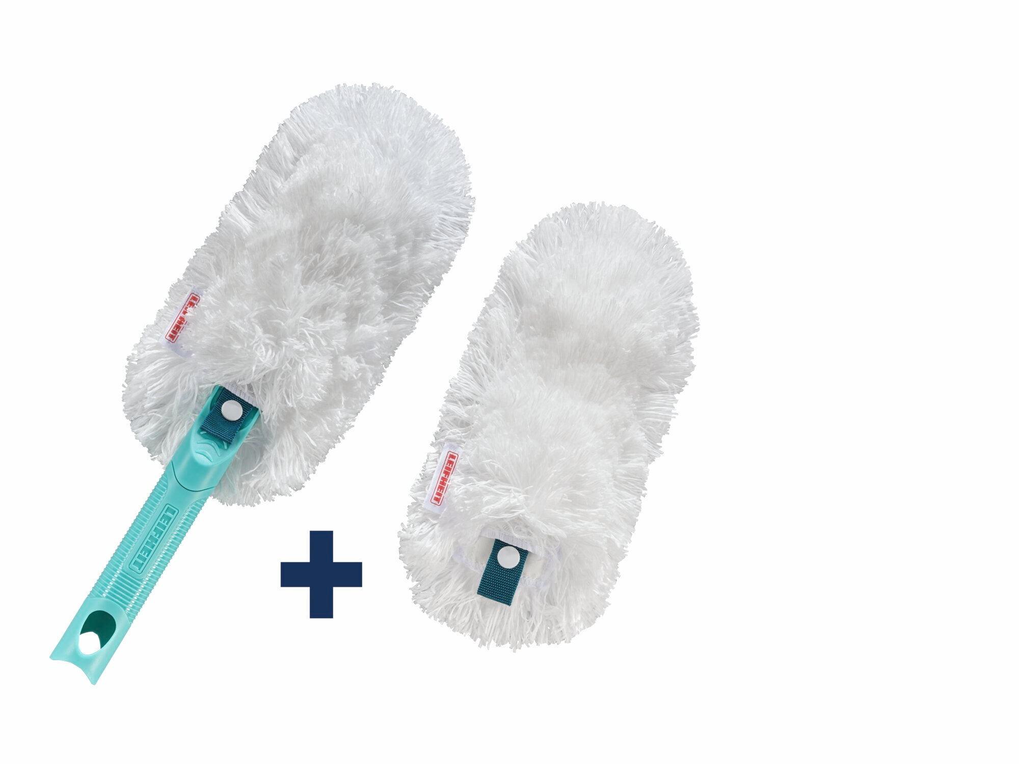 Das Bild zeigt den Staubwedel SUPERDUSTER mit einem zusätzlichen Bezug. Der Staubwedel ist weiß und flauschig, ideal zum Entfernen von Staub auf empfindlichen Oberflächen.