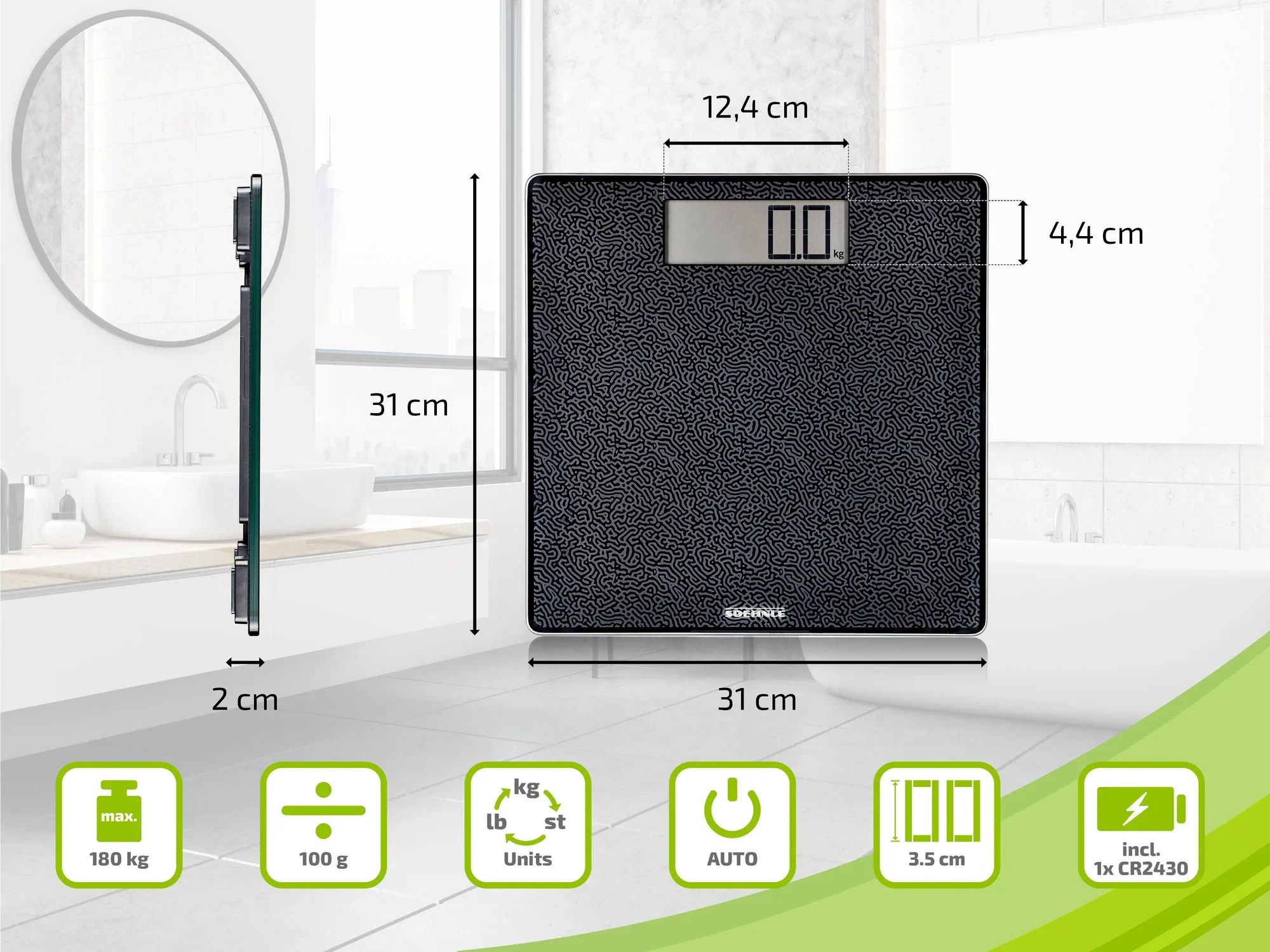 Cyfrowa waga łazienkowa ADE z czarną powierzchnią i dużym wyświetlaczem. Wymiary 31 x 31 cm, wysokość 4,4 cm. Udźwig do 180 kg, dokładność do 100 g. Zawiera baterię CR2430.