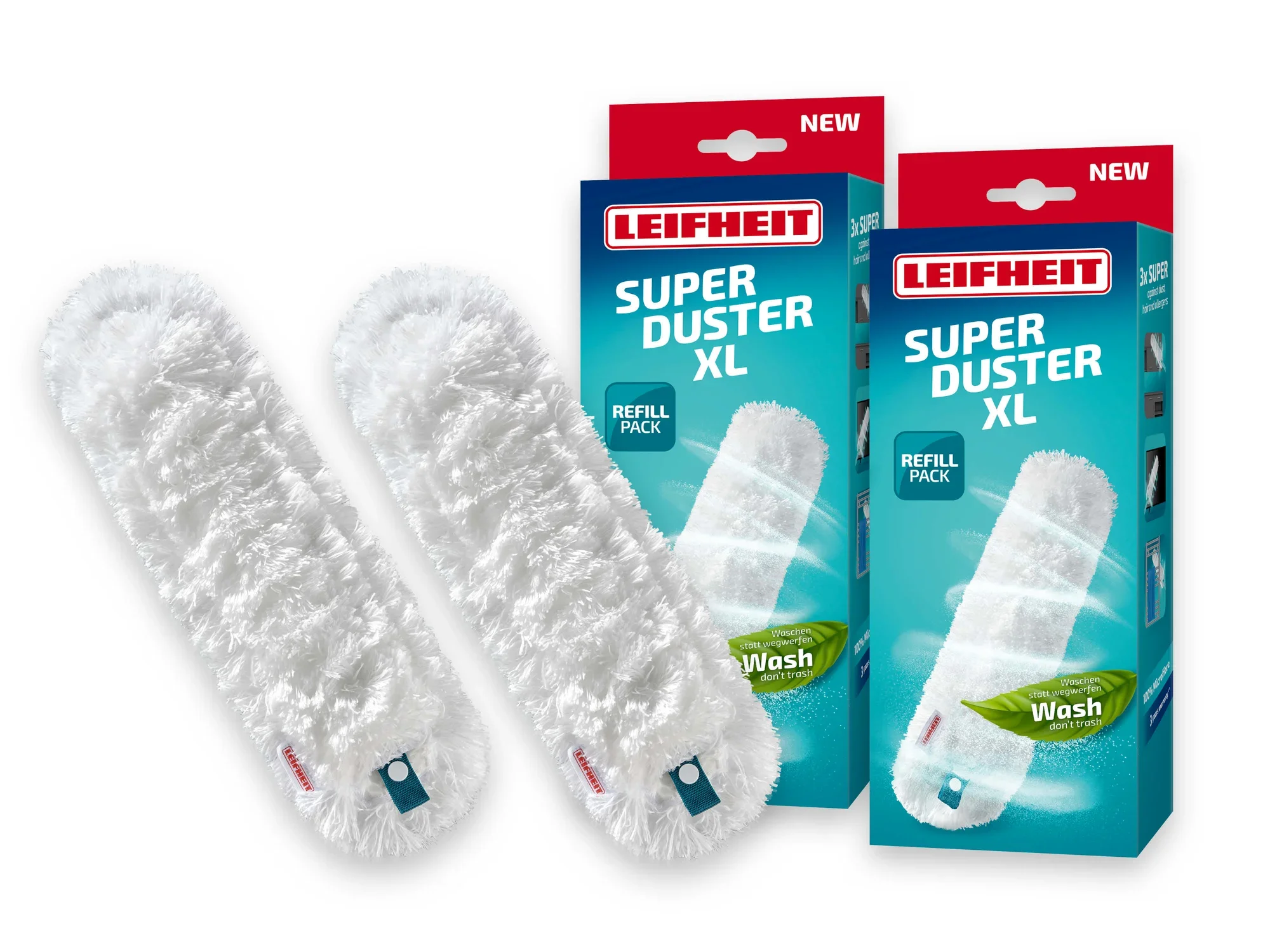 Leifheit Super Duster XL Staubbezug im 2er-Pack. Zwei weiße, flauschige Staubbezüge neben zwei blauen Verpackungen mit Leifheit-Logo und Produktinformationen. Ideal für effektive Staubentfernung.
