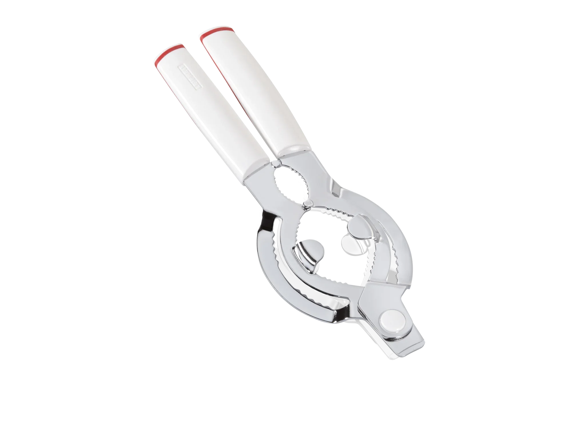 Ouvre-couvercle argenté avec deux poignées blanches et des extrémités rouges. Cet outil en métal est idéal pour ouvrir les bocaux et les bouteilles.
