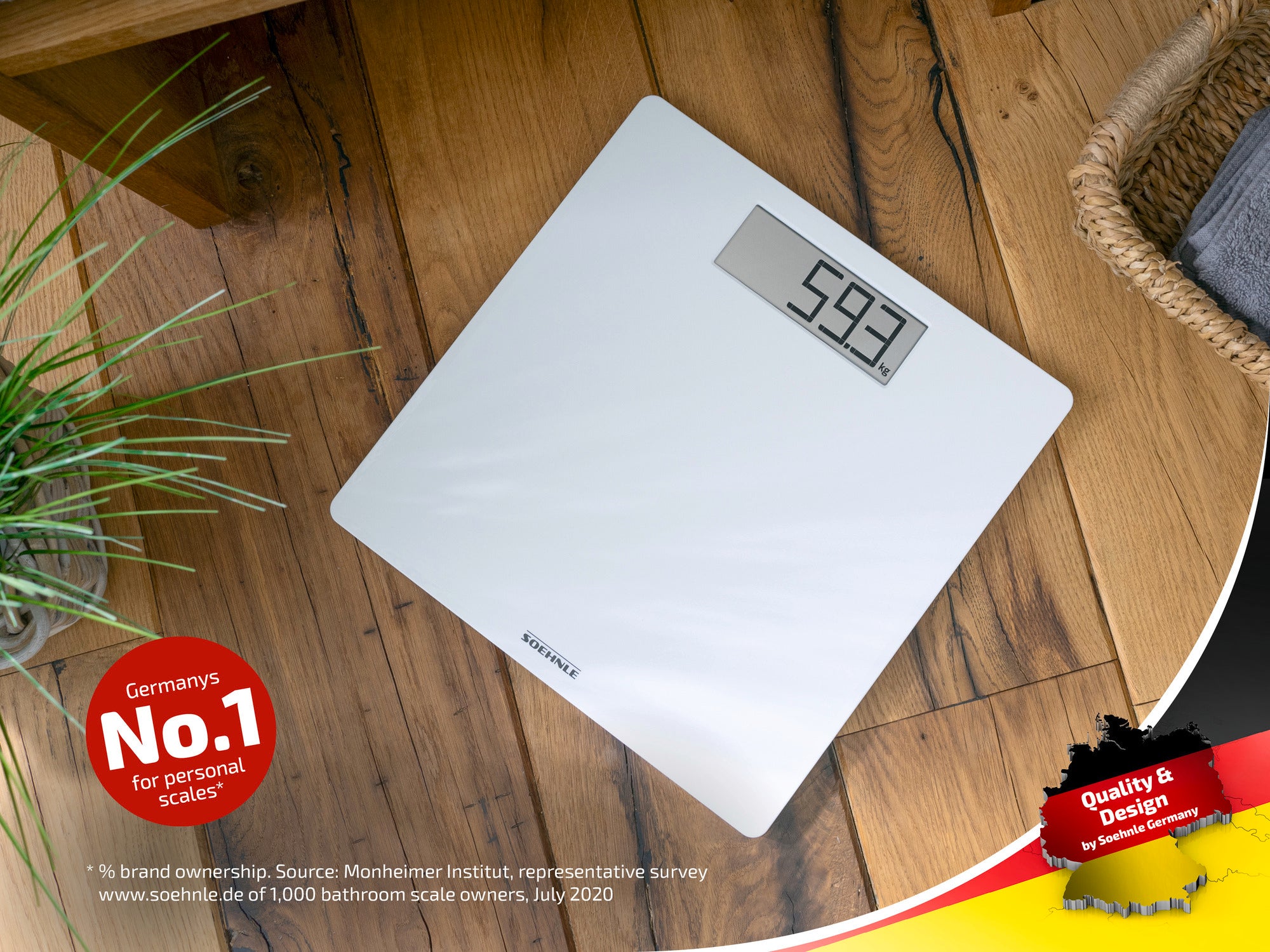 Eine digitale Personenwaage von Soehnle auf einem Holzboden. Die Anzeige zeigt 59,3 kg. Ein rotes Siegel weist darauf hin, dass Soehnle die Nummer 1 in Deutschland ist.