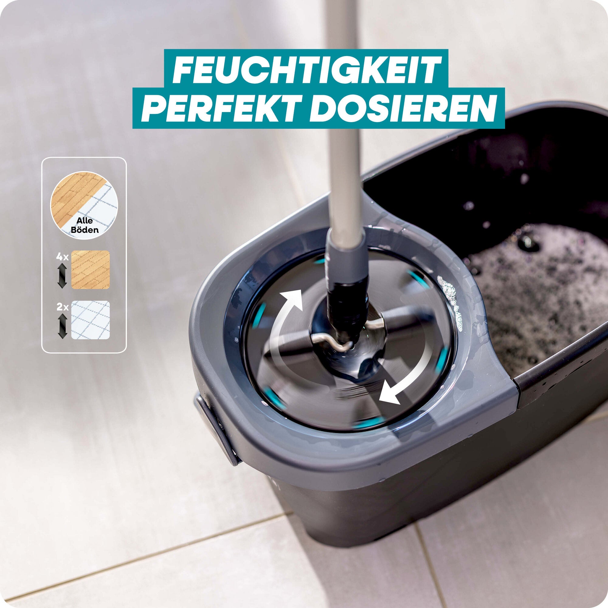 Leifheit Set CLEAN TWIST Disc Mop Black mit Schleudersystem im Eimer zur präzisen Feuchtigkeitsdosierung; der Wischkopf rotiert im Auswringer, geeignet für verschiedene Bodenarten.