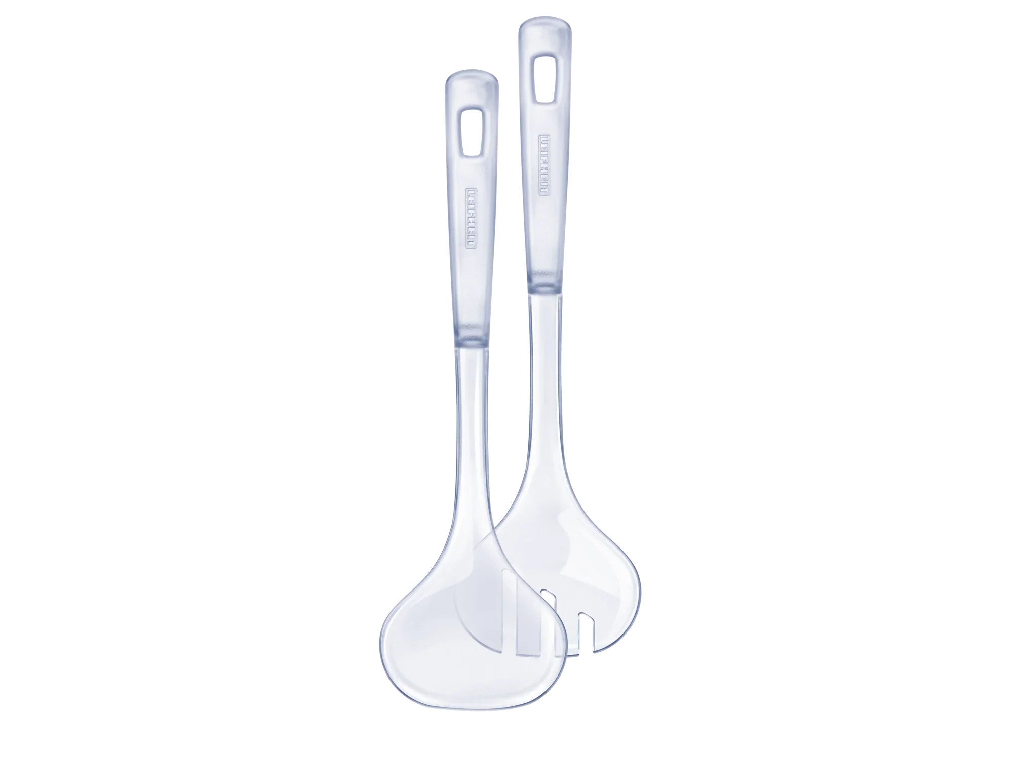 Saladeservertjes van transparant plastic, bestaande uit een lepel en een vork. Ideaal voor het serveren van salades. Ergonomisch ontwerp voor comfortabel hanteren.