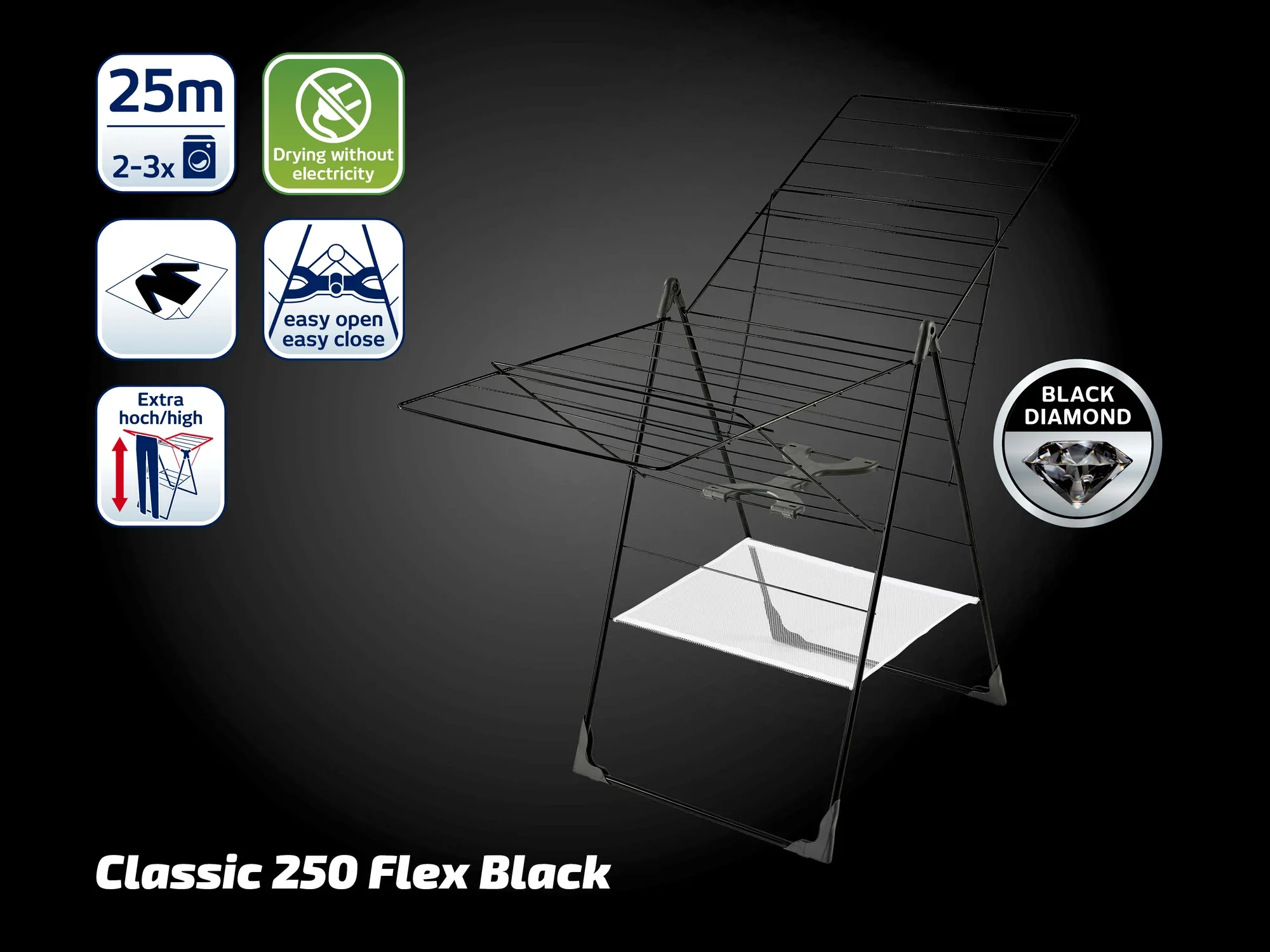 Standtrockner Classic 250 Flex Black von Leifheit in schwarzem Design. Bietet 25 Meter Trockenlänge, leicht zu öffnen, extra hoch, ideal für große Wäschestücke.