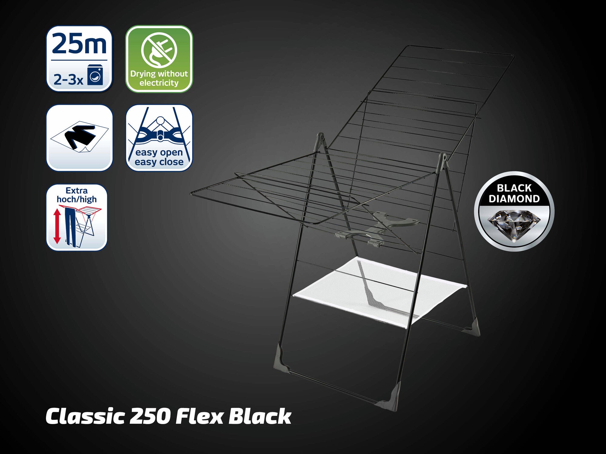 Standtrockner Classic 250 Flex Black von Leifheit in schwarzem Design. Bietet 25 Meter Trockenlänge, leicht zu öffnen, extra hoch, ideal für große Wäschestücke.