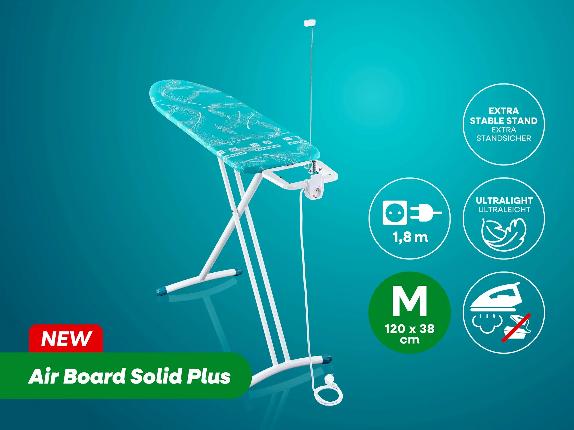 Bügeltisch Air Board Solid Plus von Leifheit in der Größe M, 120 x 38 cm. Er bietet einen extra stabilen Stand, ist ultraleicht und hat eine Kabellänge von 1,8 m. Ideal für komfortables Bügeln.