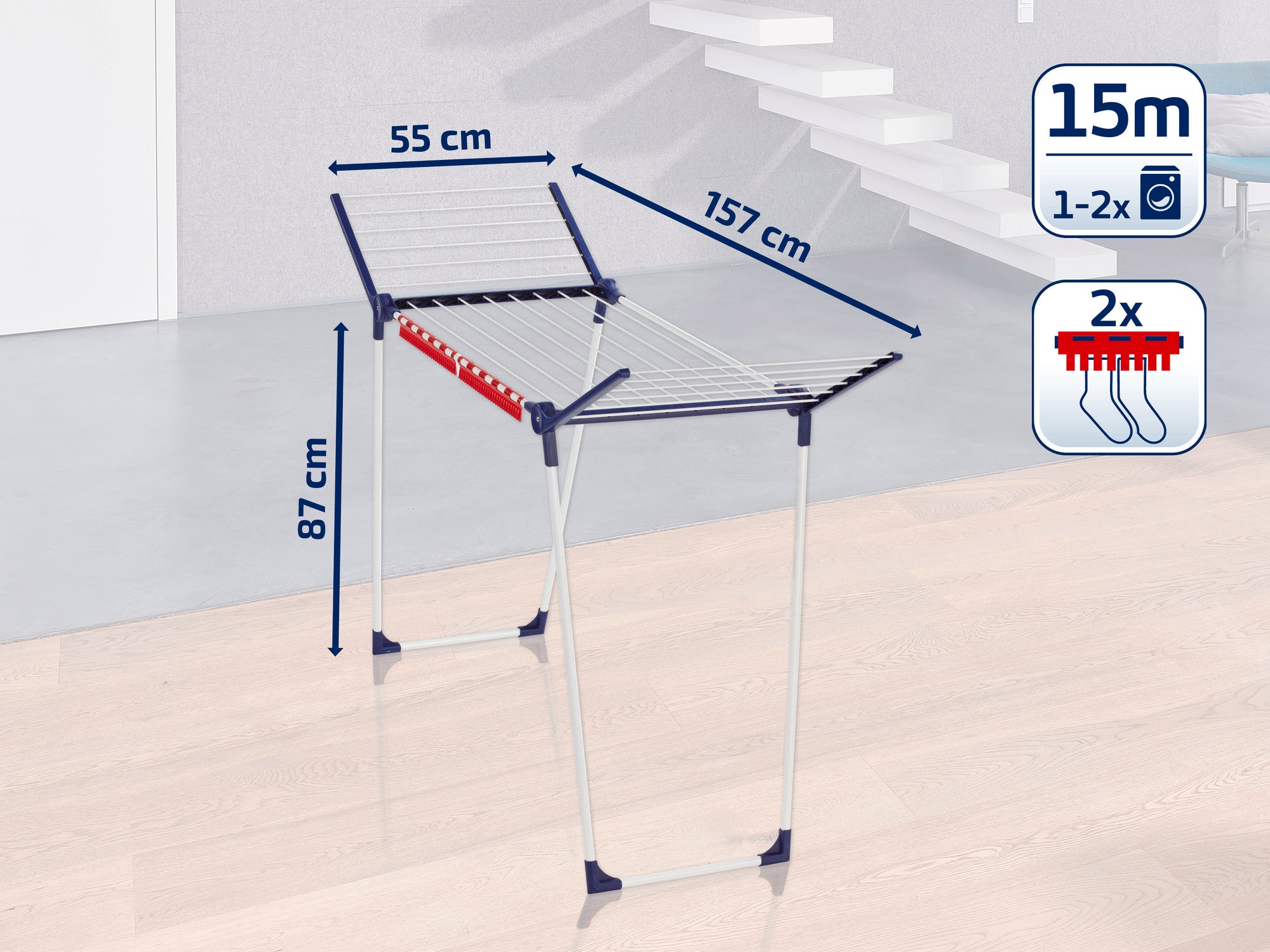 Wolnostojąca suszarka o długości suszenia 15 metrów, odpowiednia dla 1-2 wsadów prania. Ma 87 cm wysokości, 157 cm długości i 55 cm szerokości.