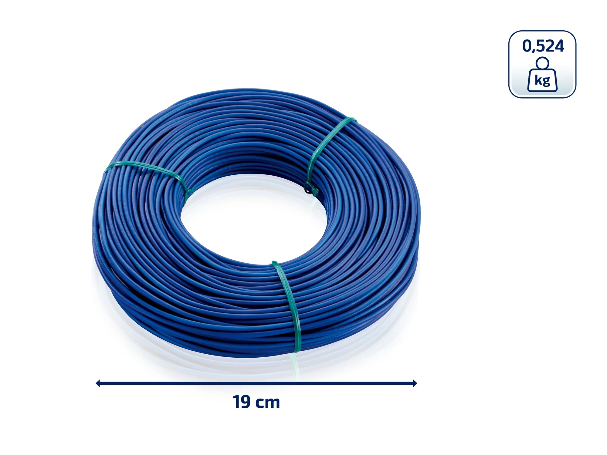 Wiązka niebieskiej linki do prania, starannie zwinięta i zabezpieczona dwoma zielonymi opaskami. Linka ma średnicę 19 cm i waży 0,524 kg.