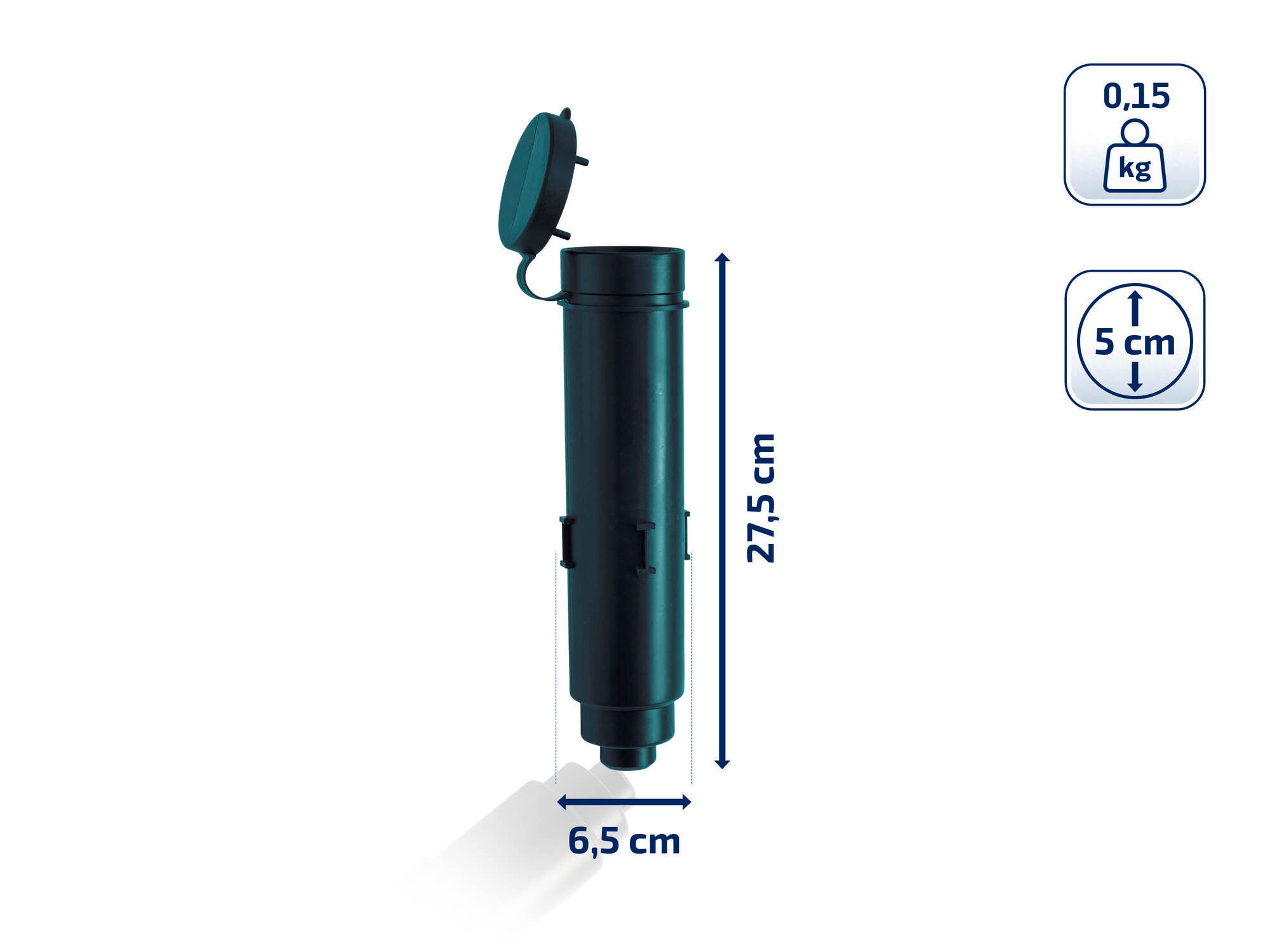 Een cilindervormig, zwart grondanker voor een droogmolen met een diameter van 6,5 cm en een hoogte van 27,5 cm. Het anker weegt 0,15 kg en heeft een installatiediepte van 5 cm.