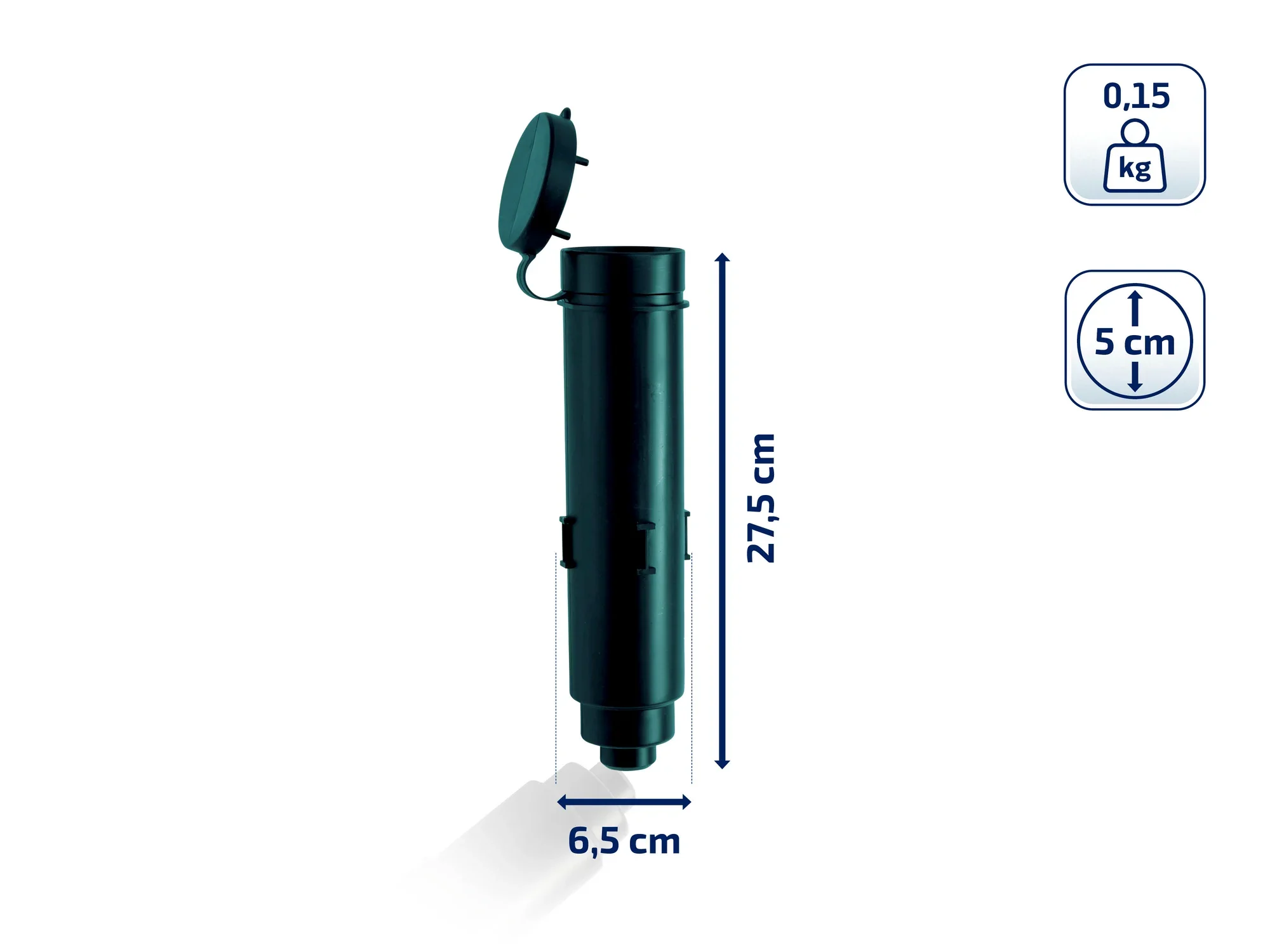 Cylindryczna, czarna kotwa gruntowa do suszarki obrotowej o średnicy 6,5 cm i wysokości 27,5 cm. Kotwa waży 0,15 kg, a jej głębokość montażu wynosi 5 cm.