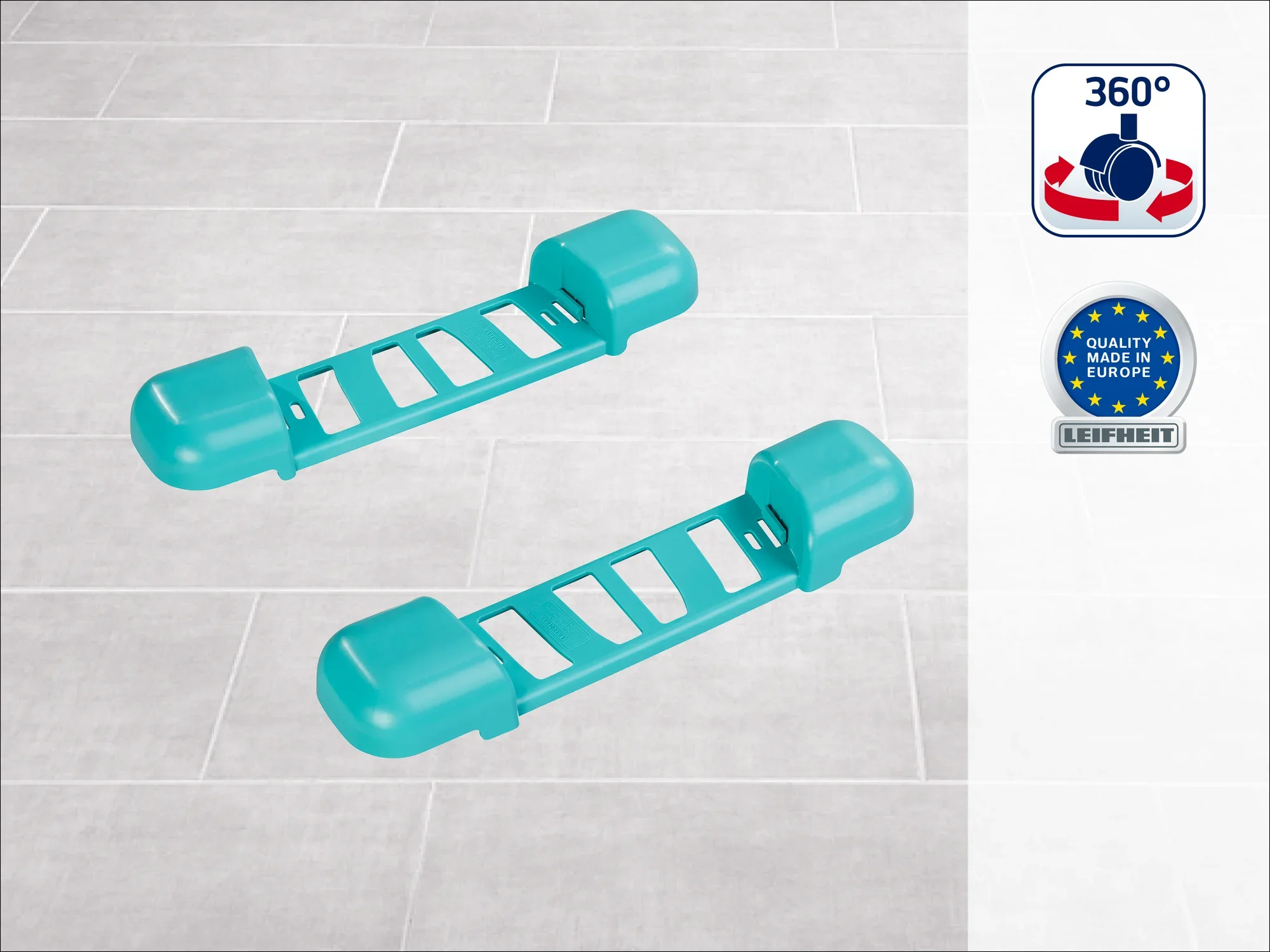 Twee turquoise houders op een grijze tegelvloer. Symbolen voor 360 graden rotatie en Europese kwaliteitsnormen zijn rechtsboven te zien.