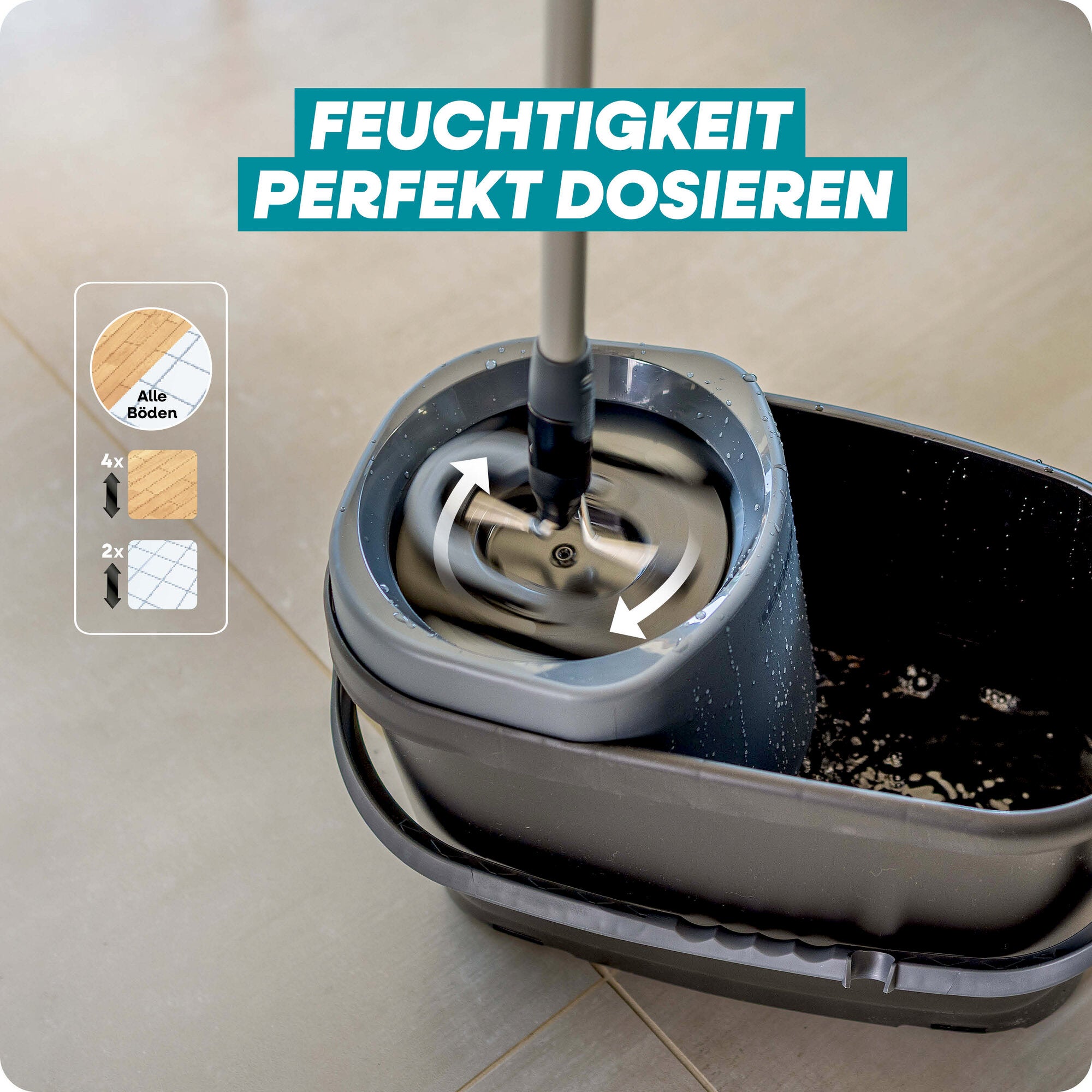 Leifheit Set CLEAN TWIST M Black mit Schleudersystem im Eimer zur präzisen Feuchtigkeitsdosierung beim Wischen. Geeignet für verschiedene Bodenarten, modern in Schwarz und Grau dargestellt.