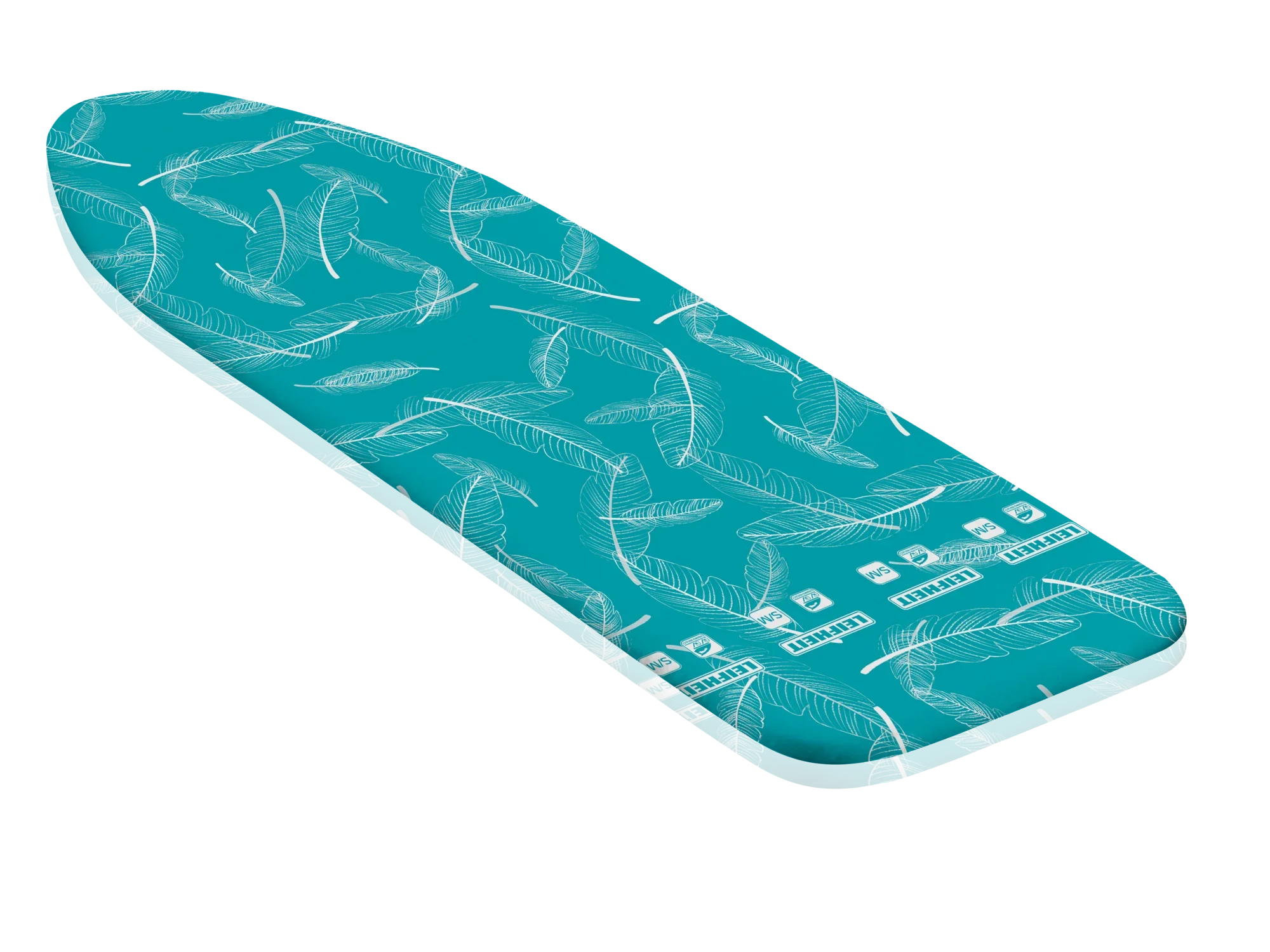 Thermo Reflect S/M strijkplankovertrek in turquoise met gestileerd verenontwerp. De hoes heeft een warmtereflecterend oppervlak voor efficiënter strijken.