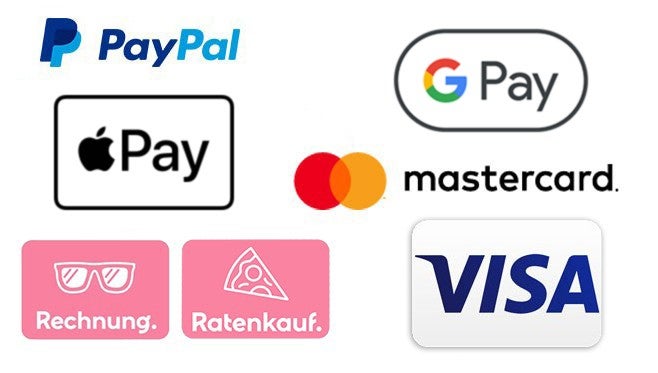 Logos von Zahlungsmethoden: PayPal, Apple Pay, Google Pay, Mastercard, Visa sowie Symbole fuer Rechnung und Ratenkauf.