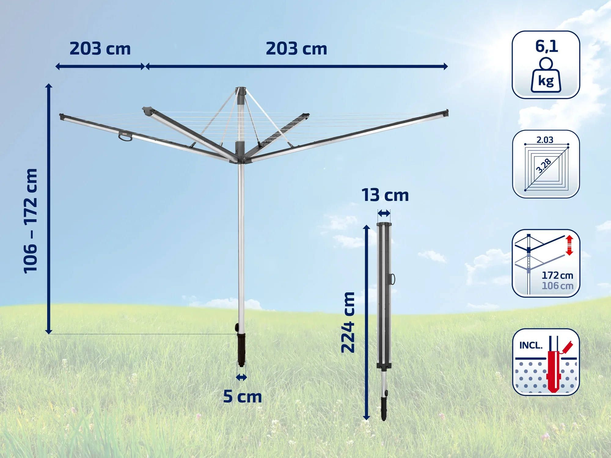 Obrotowa suszarka do ubrań o rozpiętości 203 cm i wysokości od 106 do 172 cm. Lekka konstrukcja o wadze 6,1 kg. Idealna do ogrodu, w tym z gniazdkiem naziemnym.