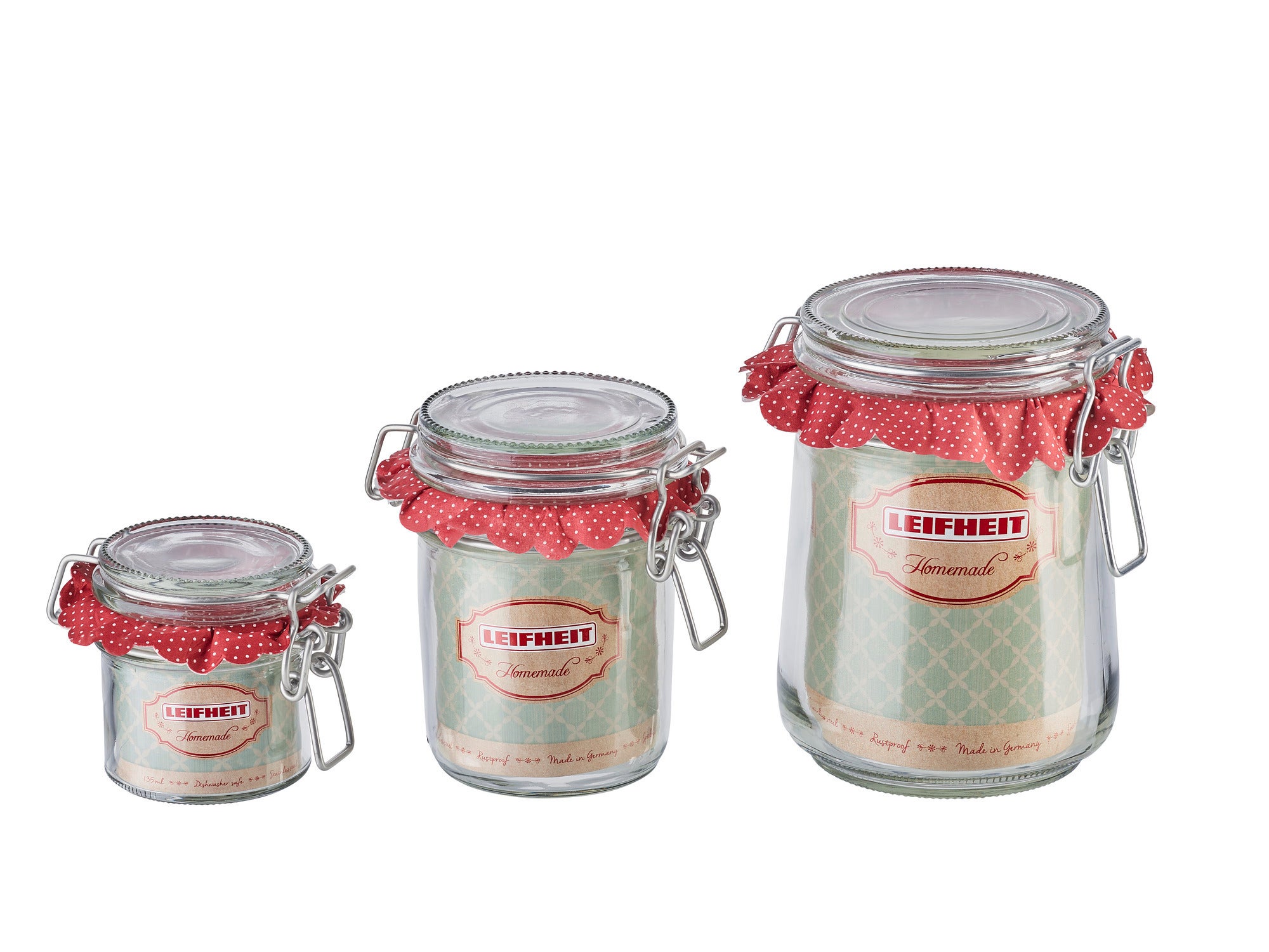 Drei Drahtbügelgläser von Leifheit in verschiedenen Größen. Jedes Glas hat einen roten Stoffdeckel mit weißen Punkten und ein Etikett mit dem Markennamen. Ideal für die Aufbewahrung von Lebensmitteln.