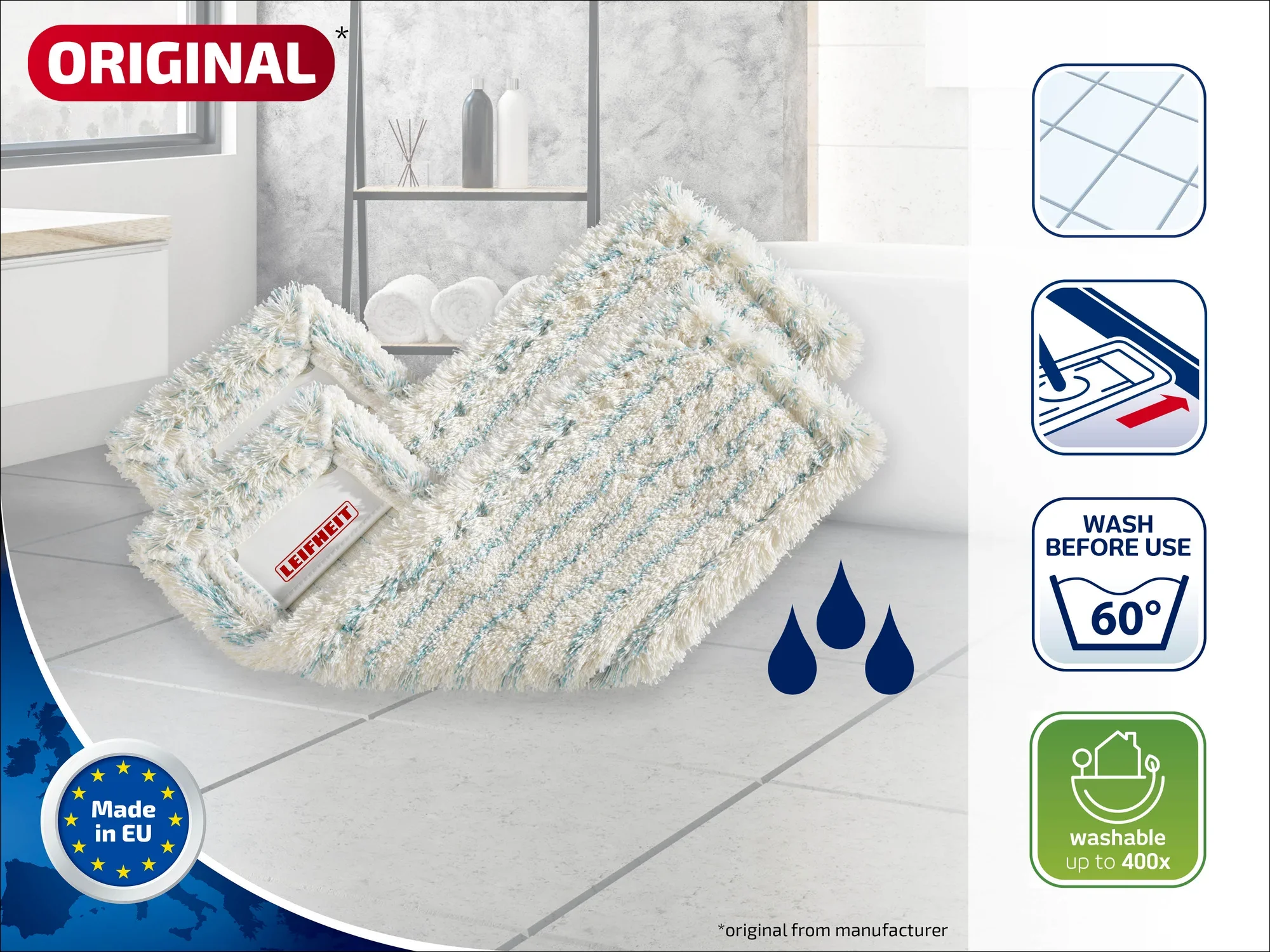 De afbeelding toont de vervangende hoes voor de Leifheit dweilmop. De hoes is geplaatst op lichtgekleurde tegels in een badkamer. De hoes is wasbaar tot 60 graden en kan tot 400 keer worden hergebruikt.