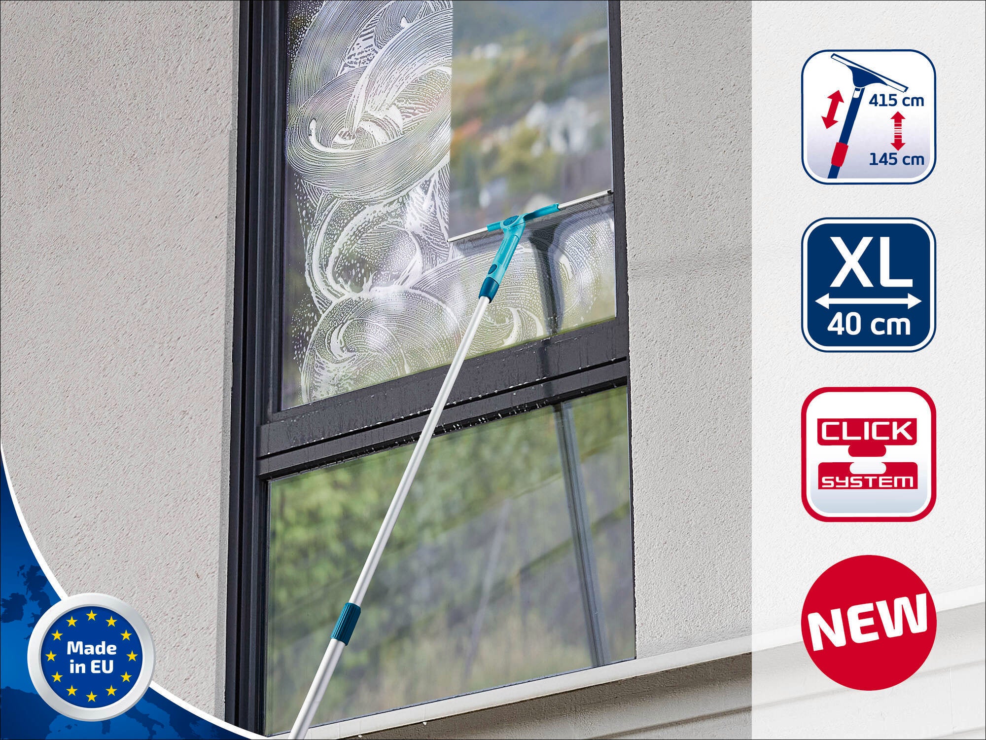 Un laveur de vitres avec une perche télescopique nettoie une fenêtre en hauteur. La perche est extensible de 145 cm à 415 cm. Le produit mesure 40 cm de large et fait partie du système Click. Fabriqué en UE.