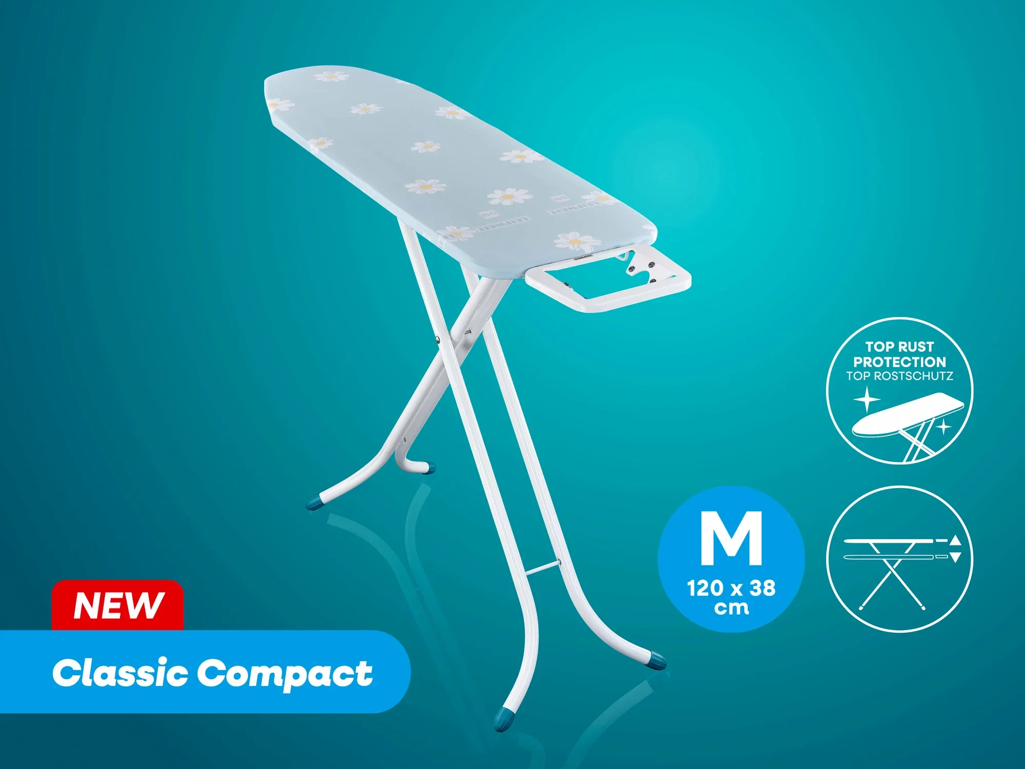 Bügeltisch Classic M Compact von Leifheit in Weiß mit blauer Bügelfläche und Blumenmuster. Maße: 120 x 38 cm. Ausgestattet mit Top-Rostschutz und stabilen Standfüßen.