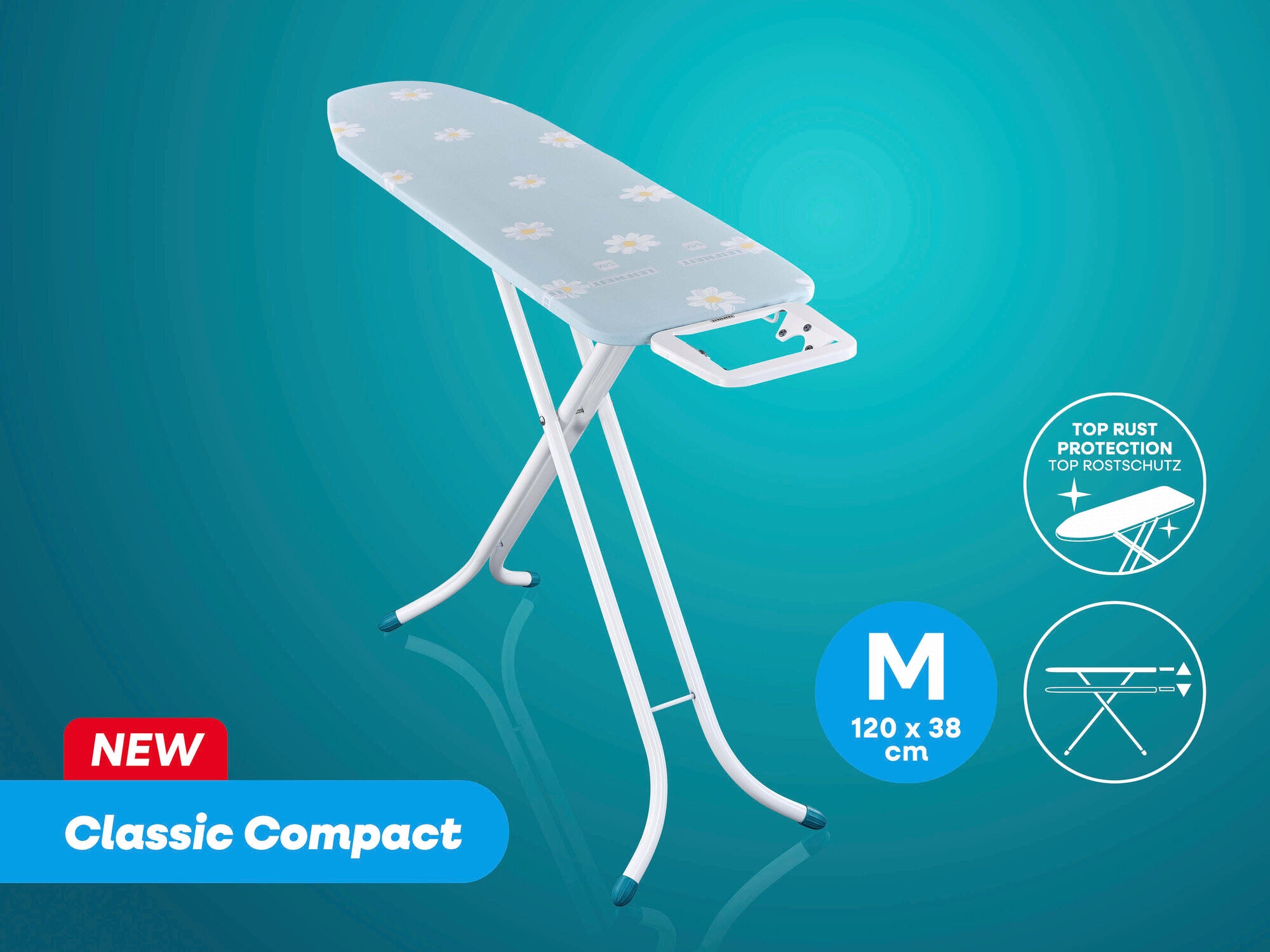 Bügeltisch Classic M Compact von Leifheit in Weiß mit blauer Bügelfläche und Blumenmuster. Maße: 120 x 38 cm. Ausgestattet mit Top-Rostschutz und stabilen Standfüßen.