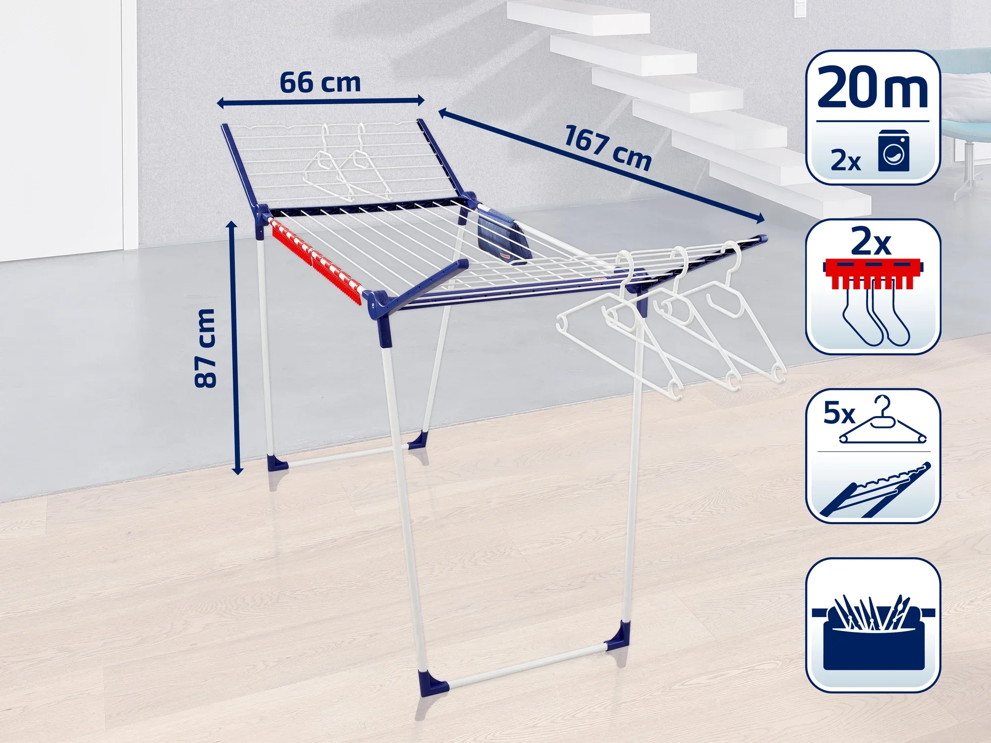 Een vrijstaande droger met een drooglengte van 20 meter, ideaal voor twee wasladingen. De afmetingen zijn 87 cm hoog, 66 cm breed en 167 cm lang. Inclusief twee kleerhangerhouders en vijf kleerhangers.