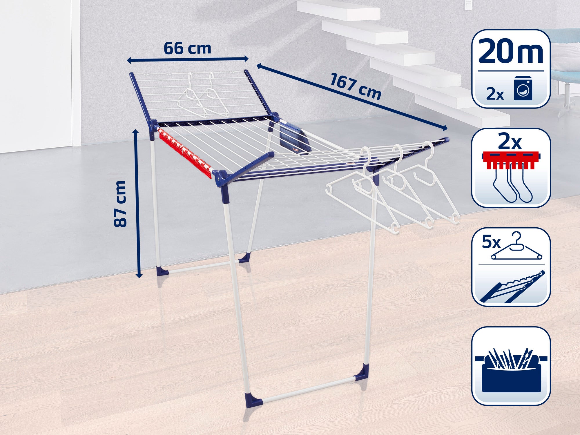 Een vrijstaande droger met een drooglengte van 20 meter, ideaal voor twee wasladingen. De afmetingen zijn 87 cm hoog, 66 cm breed en 167 cm lang. Inclusief twee kleerhangerhouders en vijf kleerhangers.