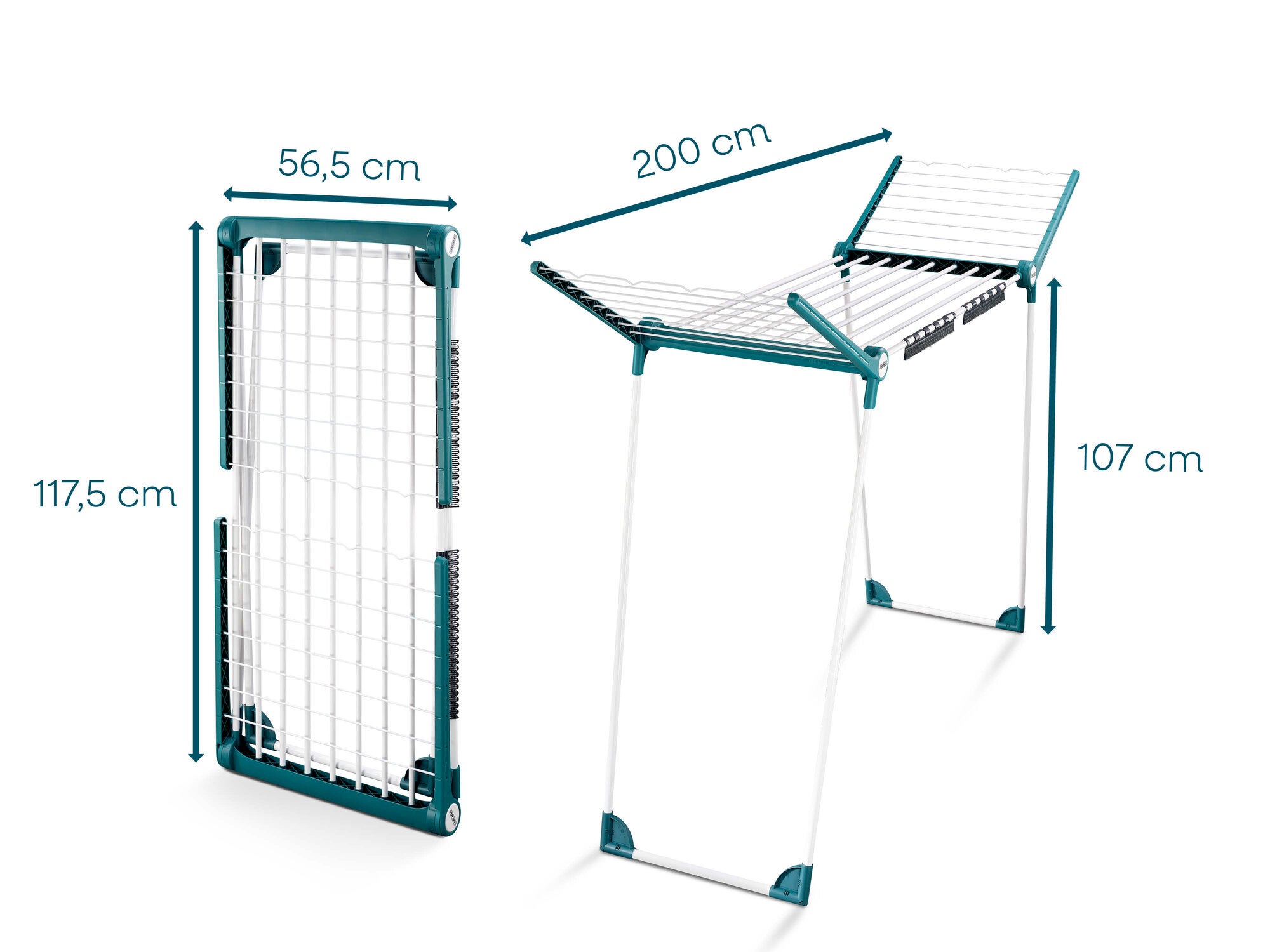 Leifheit Standtrockner Pegasus 200 Solid mit klappbaren Flügeln, zusammengefaltet 56,5 cm breit und 117,5 cm hoch, aufgeklappt 200 cm Trockenlänge und 107 cm Höhe, in Weiß und Petrol.