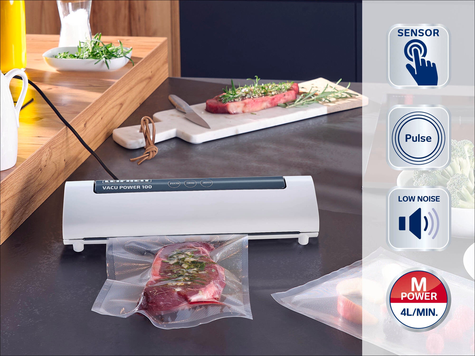 A vacuum sealer sealing a piece of meat in a bag. On the right-hand side are symbols for the sensor, pulse function, low noise and power.