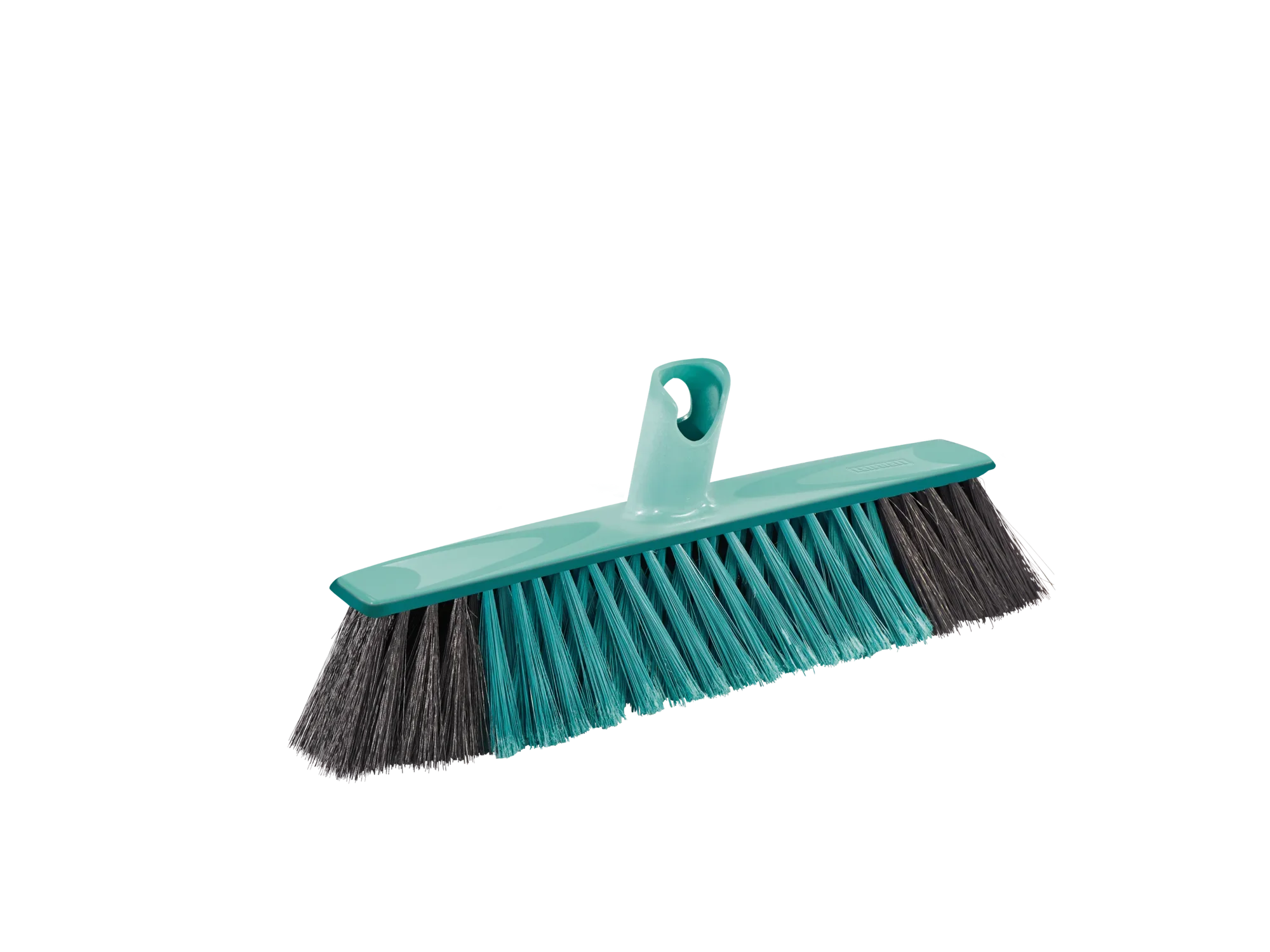 Een turquoise gekleurde Xtra Clean allround bezem met een breedte van 30 cm. De bezem heeft dichte, tweekleurige borstelharen, ideaal voor het reinigen van verschillende vloertypes.