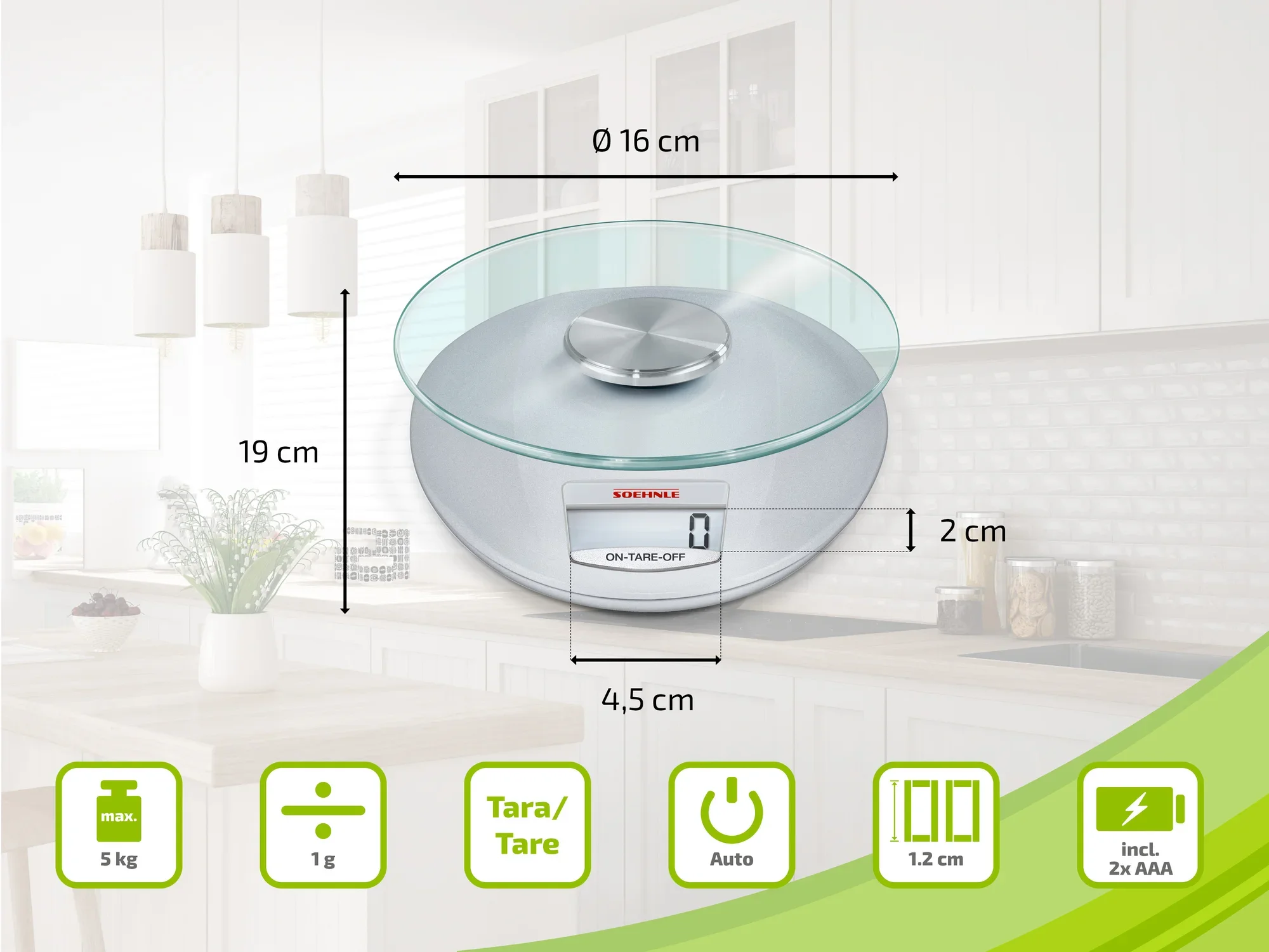 Waga kuchenna Soehnle ze szklaną płytą, wymiary wyświetlacza: średnica 16 cm, wysokość 19 cm, grubość 2 cm. Funkcje: Tarowanie, auto, maks. 5 kg, dokładność 1 g, w zestawie 2x baterie AAA.