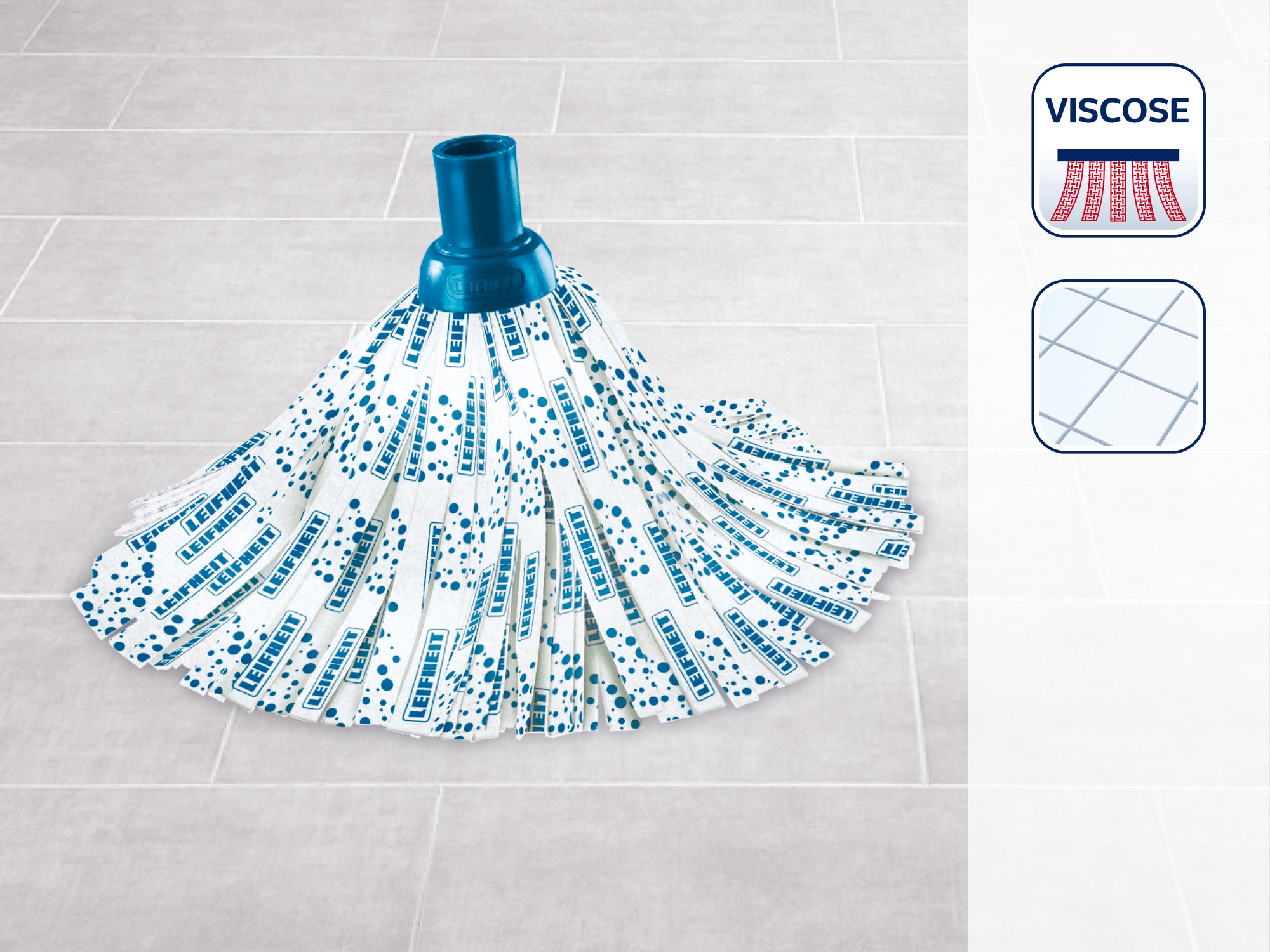 A viscose mop with a blue handle lies on a light grey tiled floor. Symbols for viscose material and tile cleaning are shown on the right. Ideal for efficient floor cleaning.