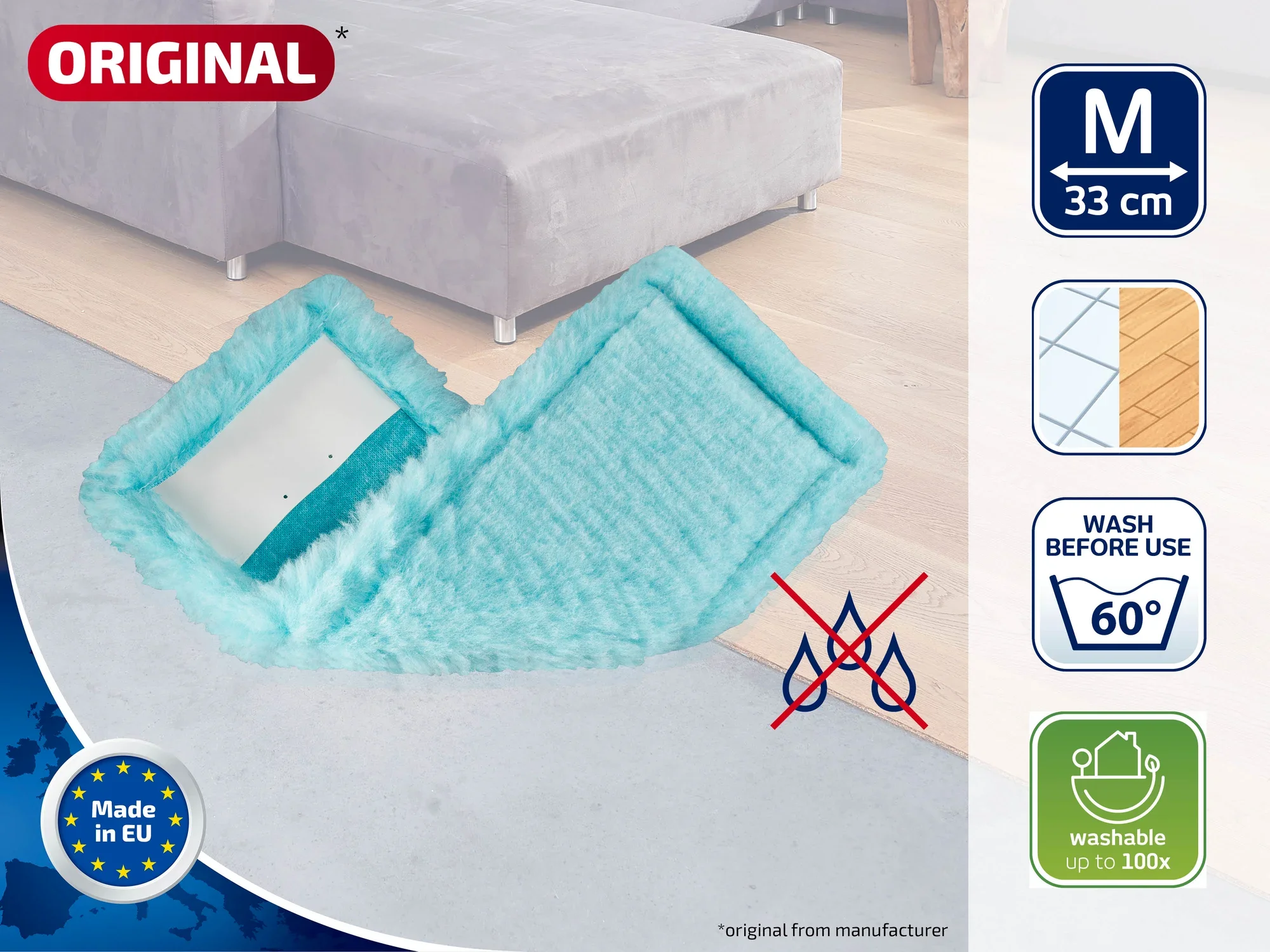 A turquoise mop attachment lies on a wooden floor. It is 33 cm wide and washable at up to 60 degrees. The product is manufactured in the EU and is washable up to 100 times.