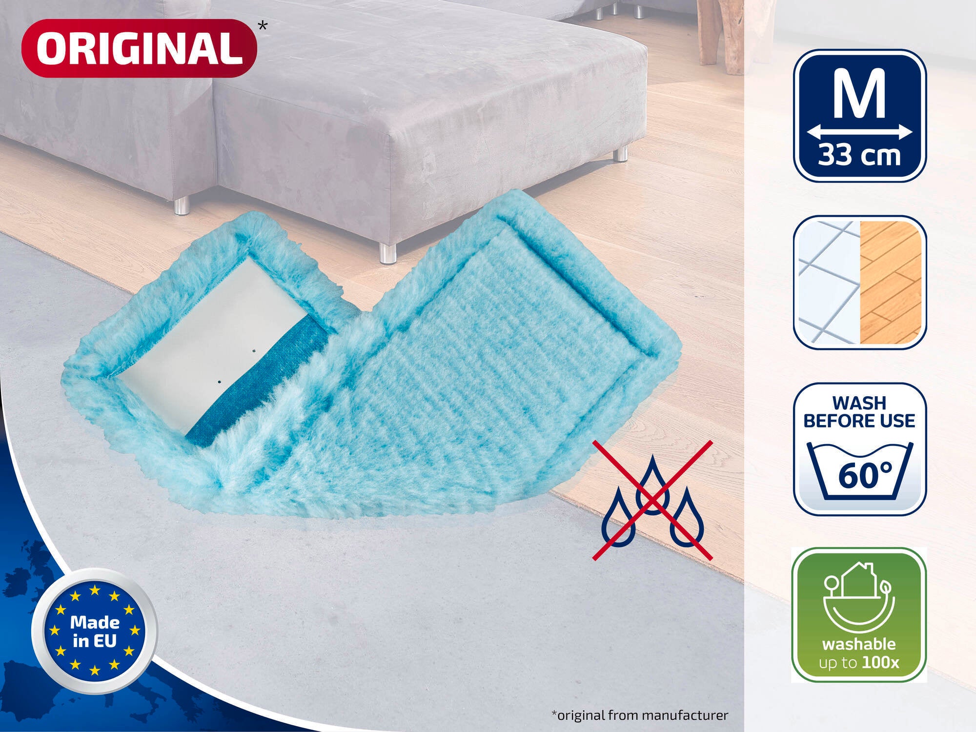 A turquoise mop attachment lies on a wooden floor. It is 33 cm wide and washable at up to 60 degrees. The product is manufactured in the EU and is washable up to 100 times.