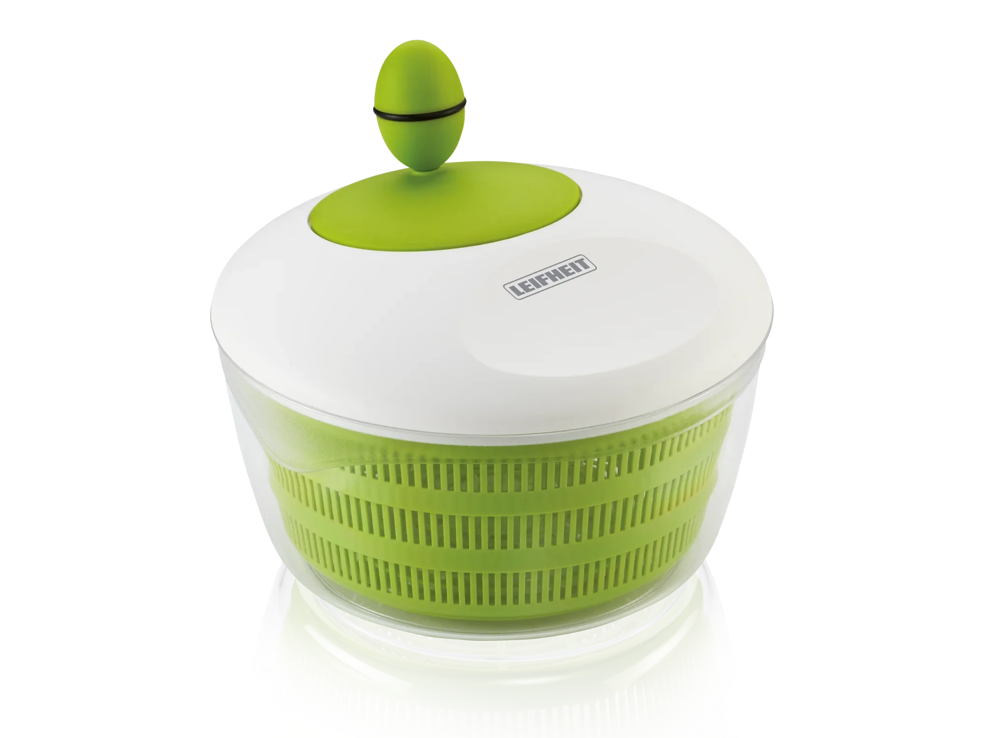 Trend 4,2 liter slacentrifuge in groen en wit. De spinner heeft een transparante container en een groen deksel met draaimechanisme. Ideaal om salade snel te drogen.