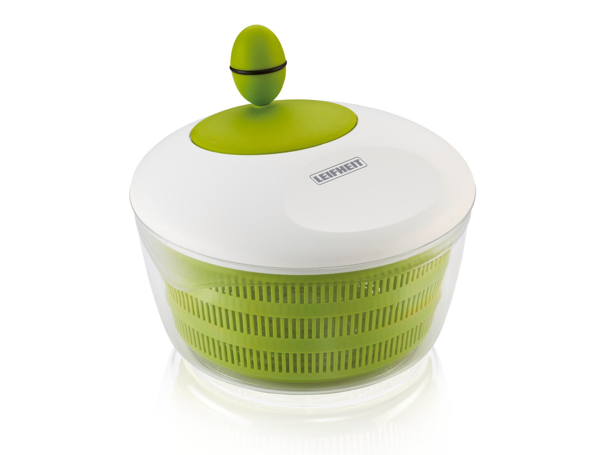 Trend 4.2L salad spinner in green and white. The spinner has a transparent container and a green lid with a twist mechanism. Ideal for quickly drying salad.