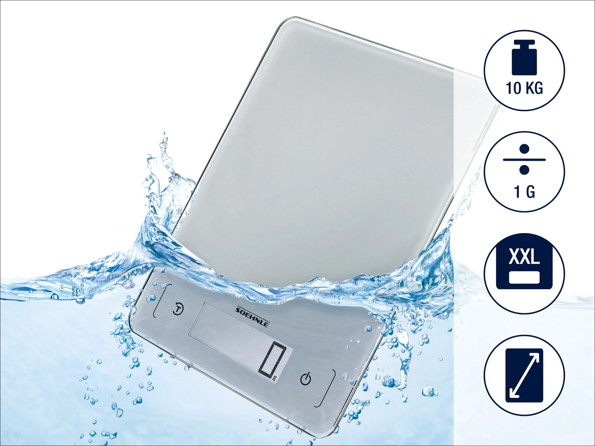 Digitale Küchenwaage von Soehnle in Wasser, zeigt Funktionen: maximale Kapazität 10 kg, Genauigkeit 1 g, XXL-Größe und kompakte Abmessungen. Ideal für präzises Wiegen.