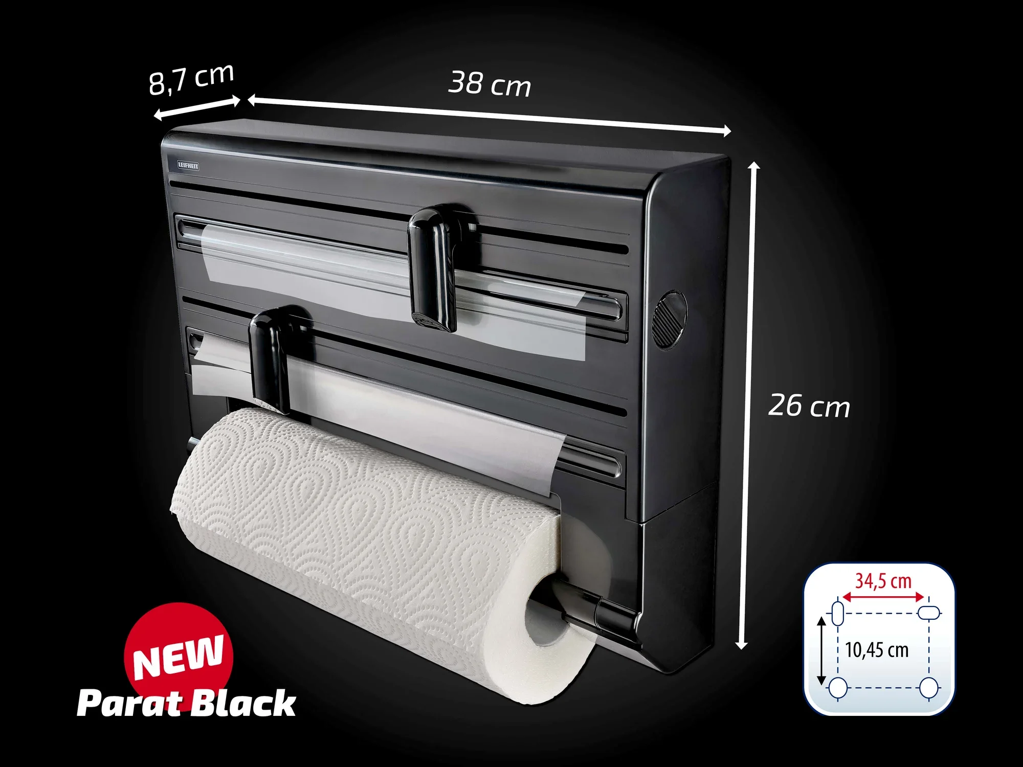 Wandrollenhalter Parat Black von Leifheit in schwarzem Design. Maße: 38 cm Breite, 26 cm Höhe, 8,7 cm Tiefe. Praktisch für Küchenrollen, mit integriertem Schneidesystem.