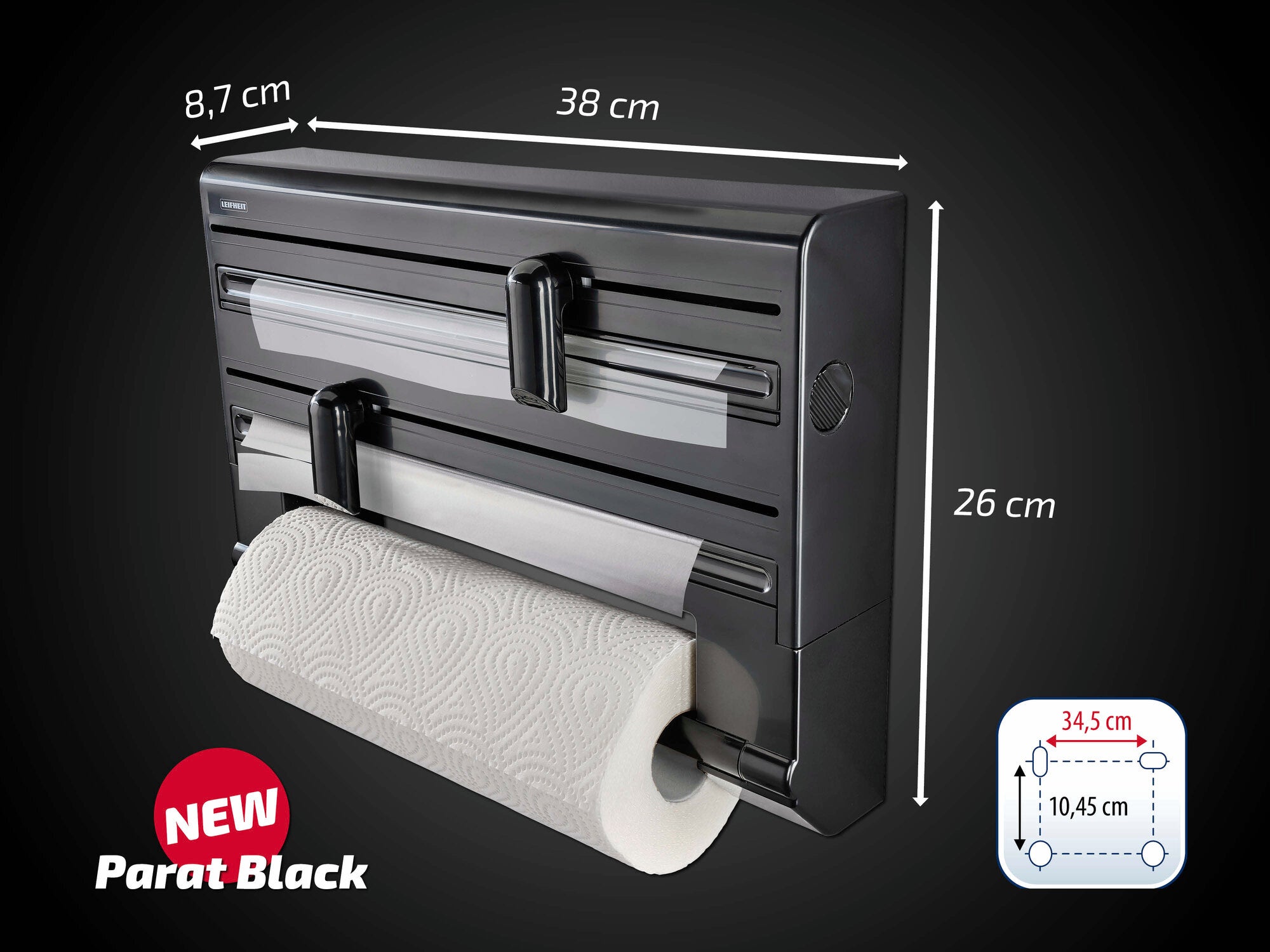 Wandrollenhalter Parat Black von Leifheit in schwarzem Design. Maße: 38 cm Breite, 26 cm Höhe, 8,7 cm Tiefe. Praktisch für Küchenrollen, mit integriertem Schneidesystem.