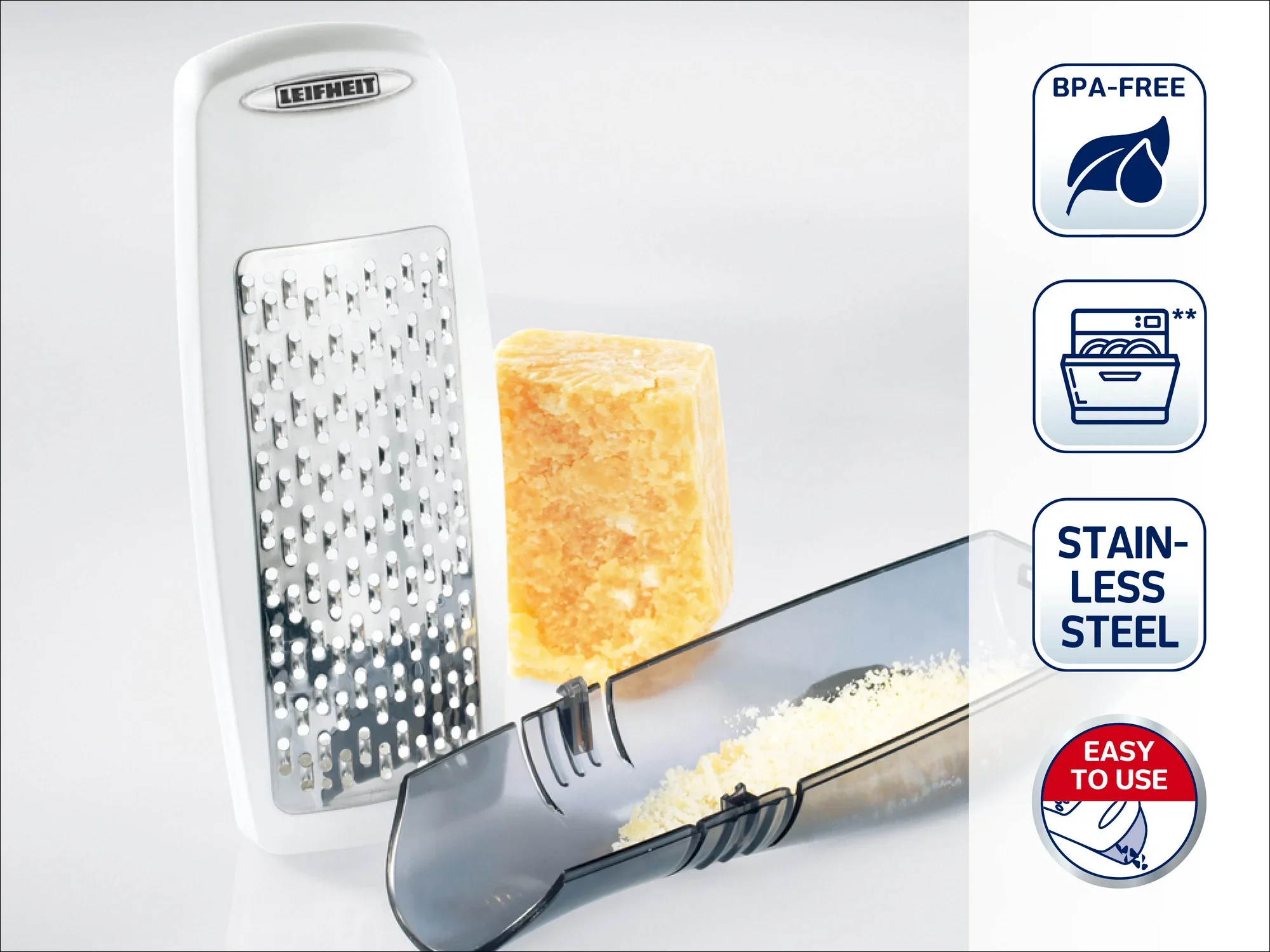 Râpe Leifheit en acier inoxydable avec matériau sans BPA. Comprend un bac de récupération amovible. Lavable au lave-vaisselle et facile à utiliser. Idéal pour le fromage.
