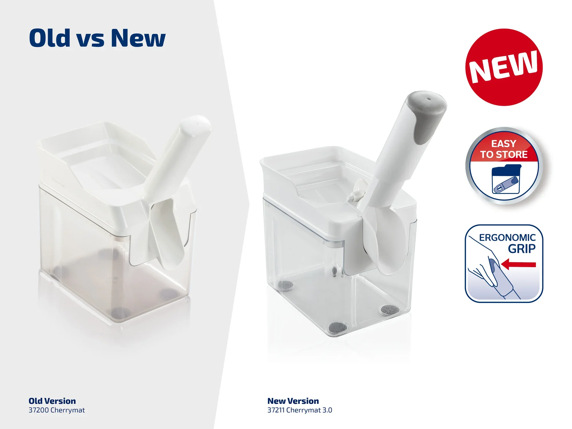 Vergleich der alten und neuen Version des Cherryomat 3.0. Links die alte Version, rechts die neue mit ergonomischem Griff. Beide sind leicht zu verstauen.